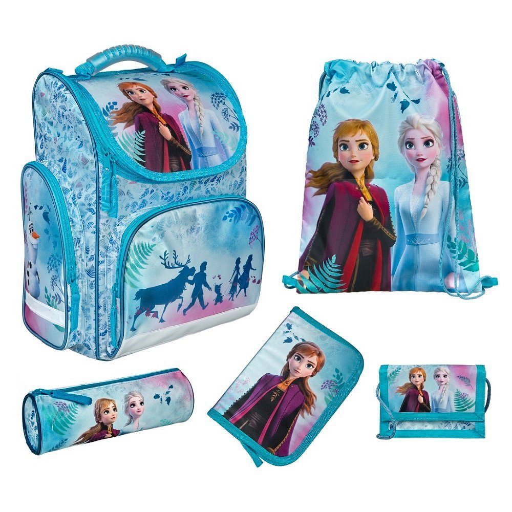 Familando Schulranzen Clou Schultasche Frozen Die Eiskönigin, blau - ab 1. Klasse (Grund-Set, 5-tlg., mit Federmappe, Turn- & Geldbeutel), mit Anna und Elsa