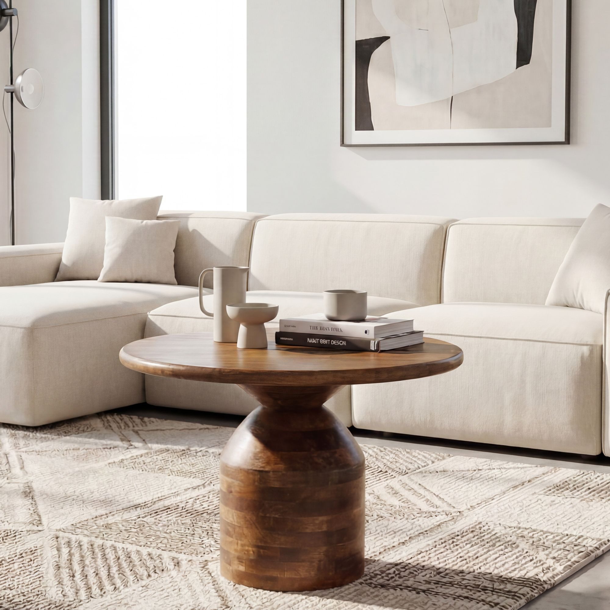 FINEBUY Couchtisch FB117168 Massivholz 60cm Wohnzimmertisch Sofatisch Beistelltisch Tisch (Skulpturaler Wohnzimmertisch aus Mangoholz), Runder Kaffeetisch mit markantem Säulenfuß