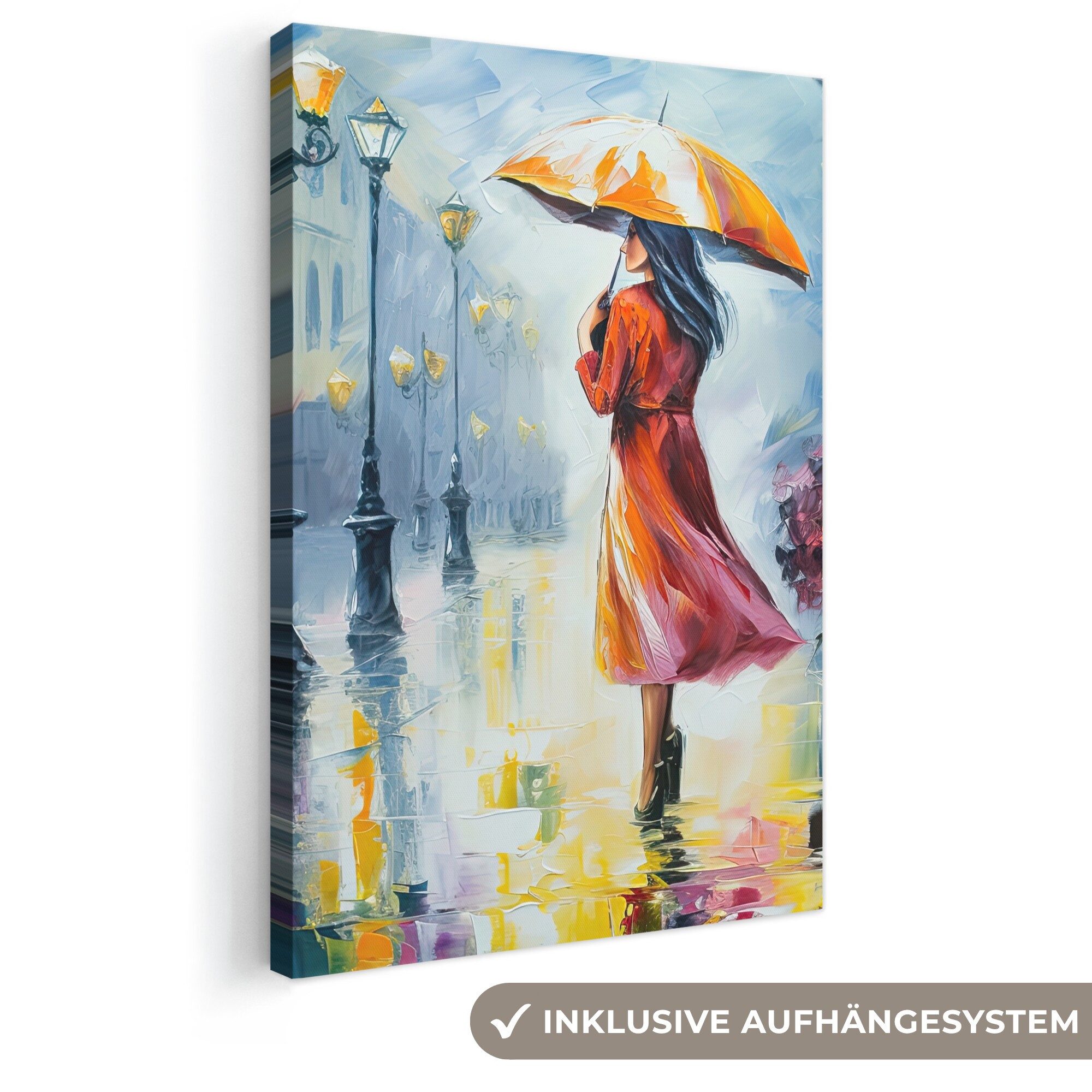 OneMillionCanvasses® Leinwandbild Ölfarbenoptik - Regenschirm - Frau - Straße - Kunst, Fotodruck (1 St), Leinwand Canvas Wandbild, Wanddekoration 20x30 cm