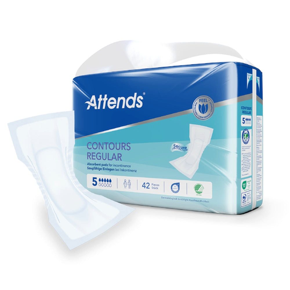 Attends GmbH Inkontinenz-Einlage Attends Contours Regular 5, 5 von 10, 42-St., Saugstärke 5/10, Nässeindikator, Klebestreifen
