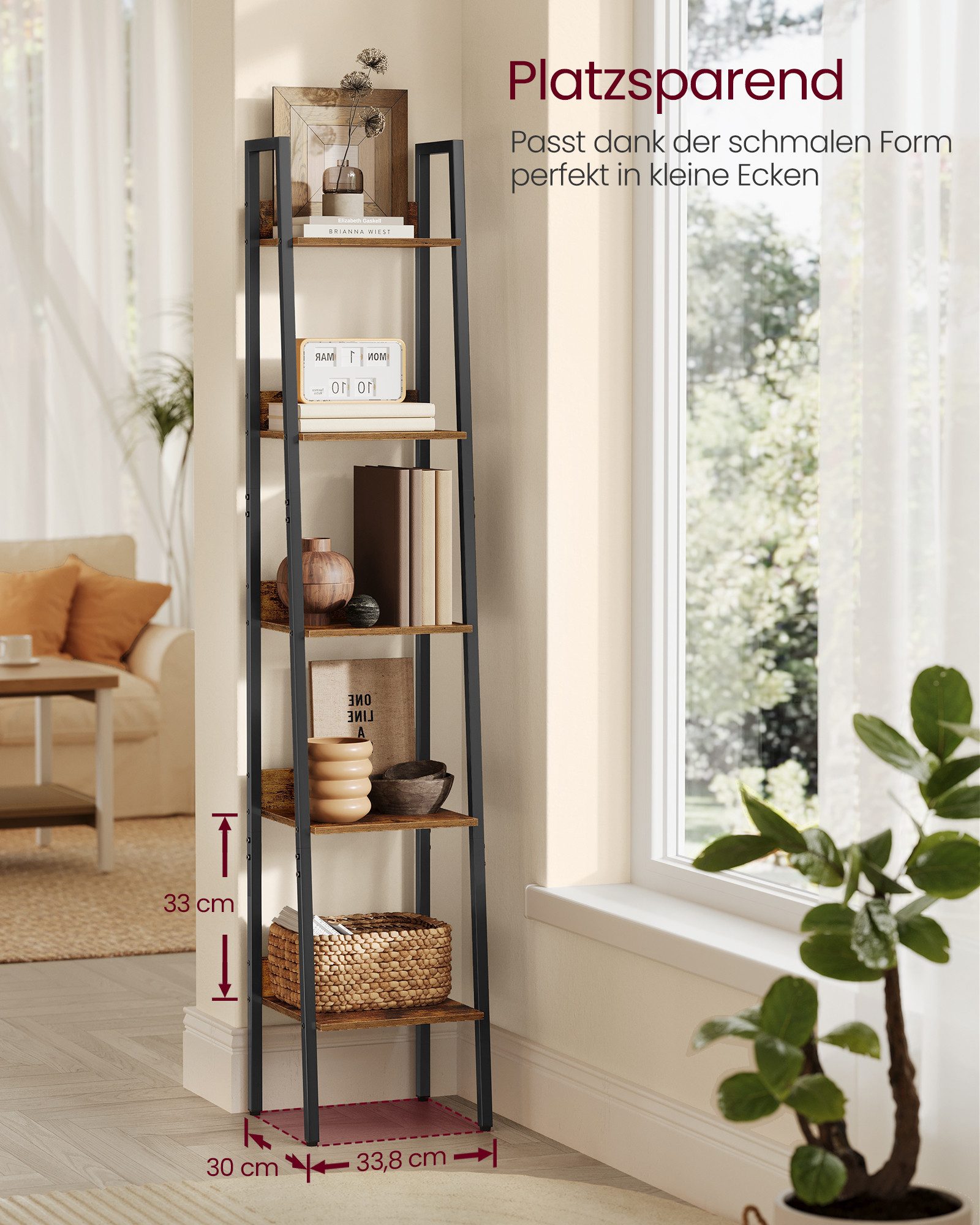 VASAGLE Standregal, Bücherregal, Leiterregal, 140/170 cm, Industrie-Design