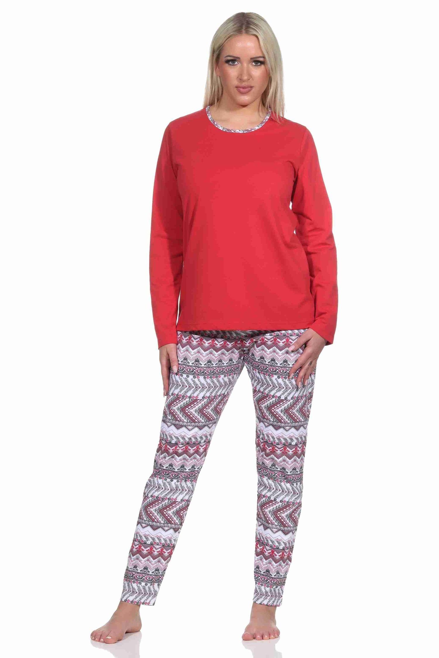 Normann Pyjama Damen langarm Ethnolook im Schlafanzug rot wunderschönen