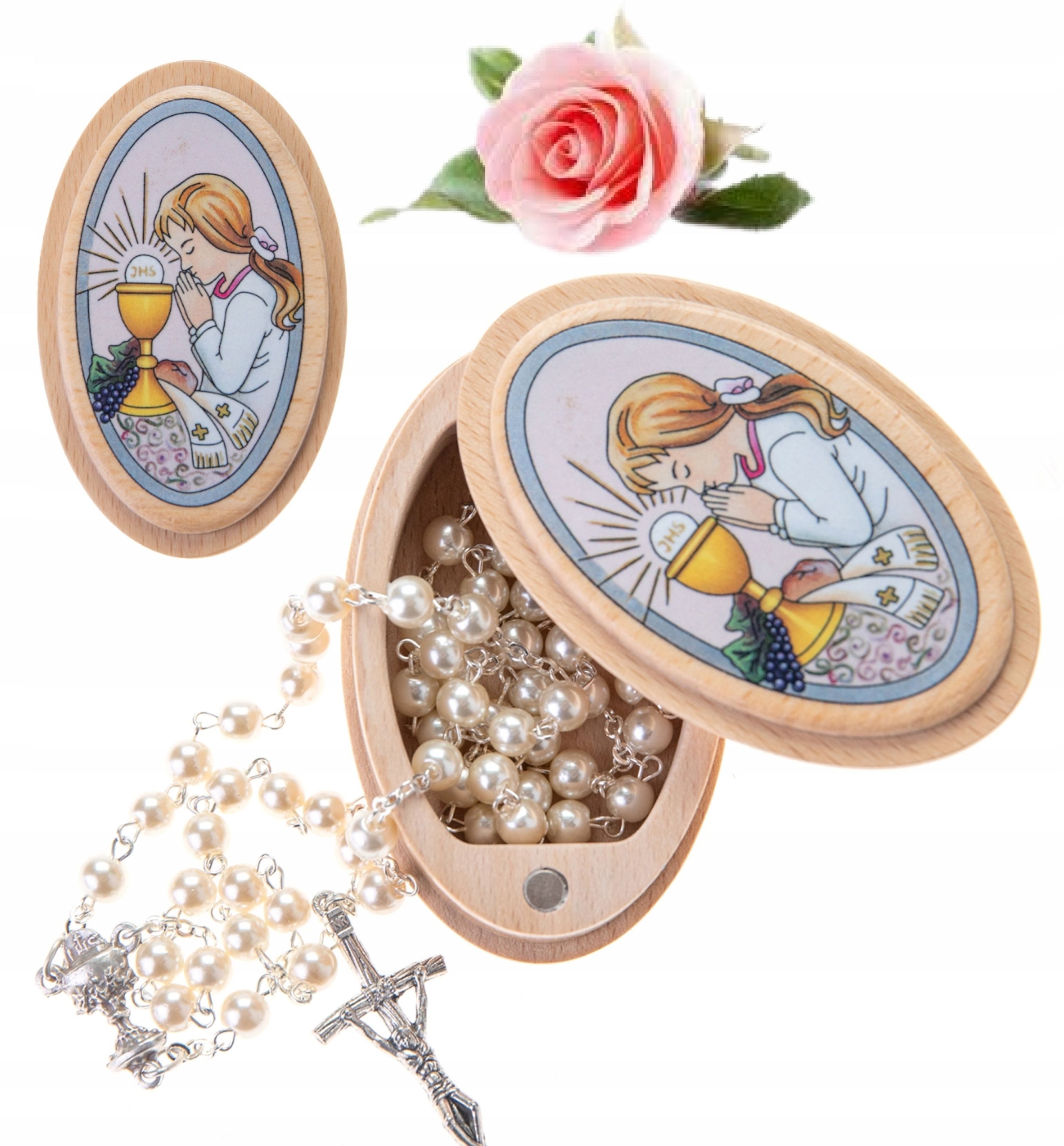 Sacramenta Kommunionskarte Rosenkranz zur Erstkommunion mit Perlen & Holzetui – Edles Geschenk
