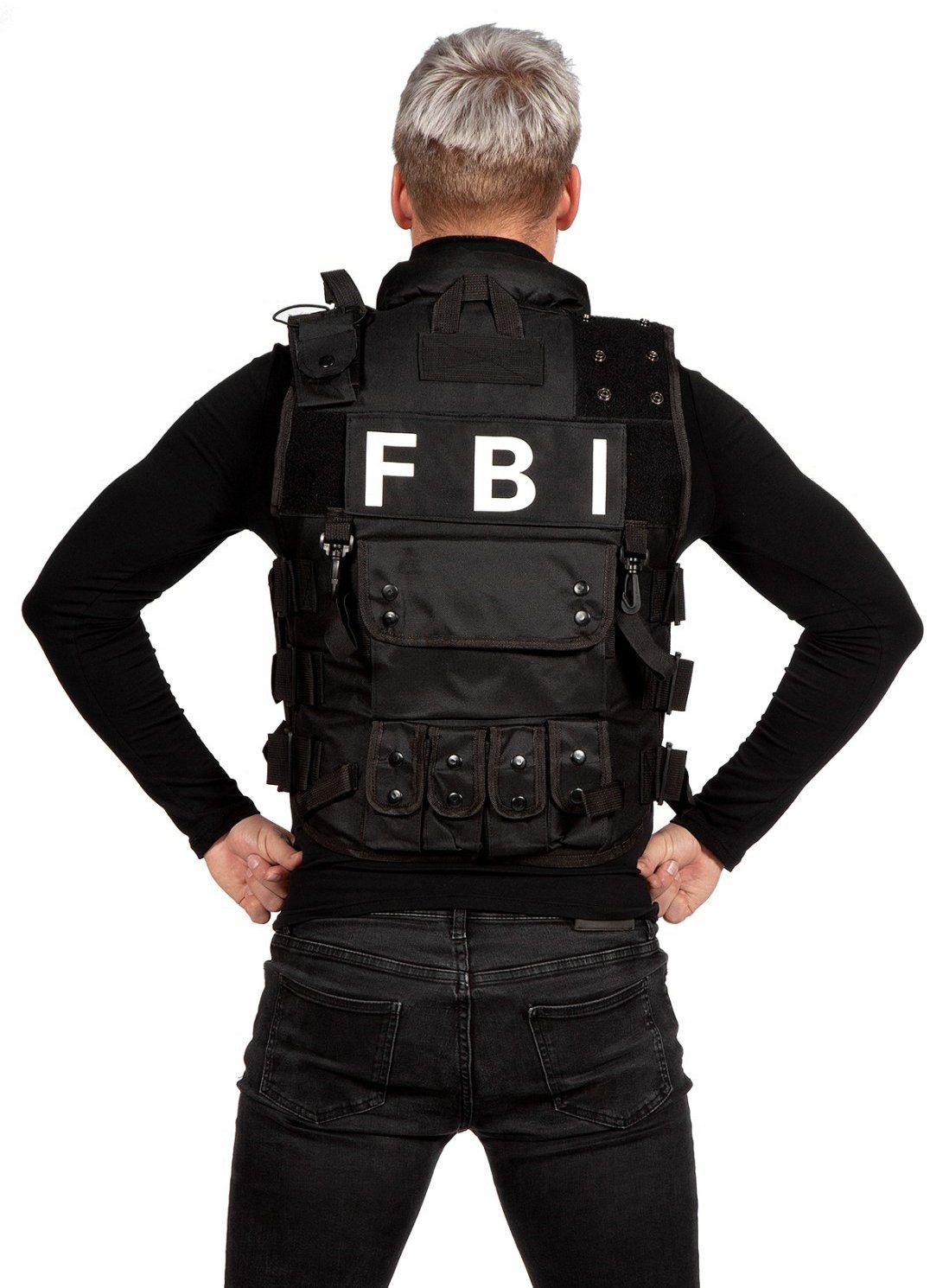 Metamorph Polizei-Kostüm FBI Schutzweste Deluxe für Erwachsene, Hochwertig verarbeitete Utiliy-Weste mit sehr (sehr) vielen Taschen