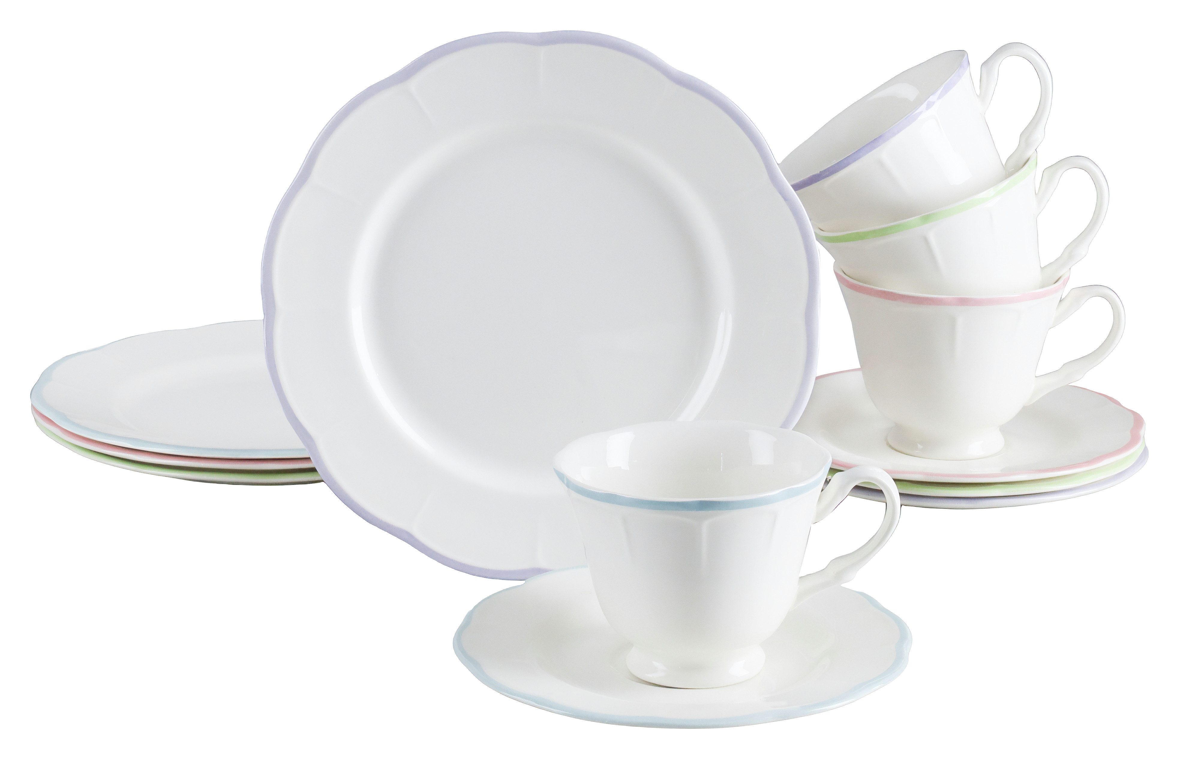 CreaTable Kaffeeservice Florine Bunt, Service 12-tlg. (12-tlg), 4 Personen, Steingut, Elegant, Klassische Form, Zart gewellte Ränder