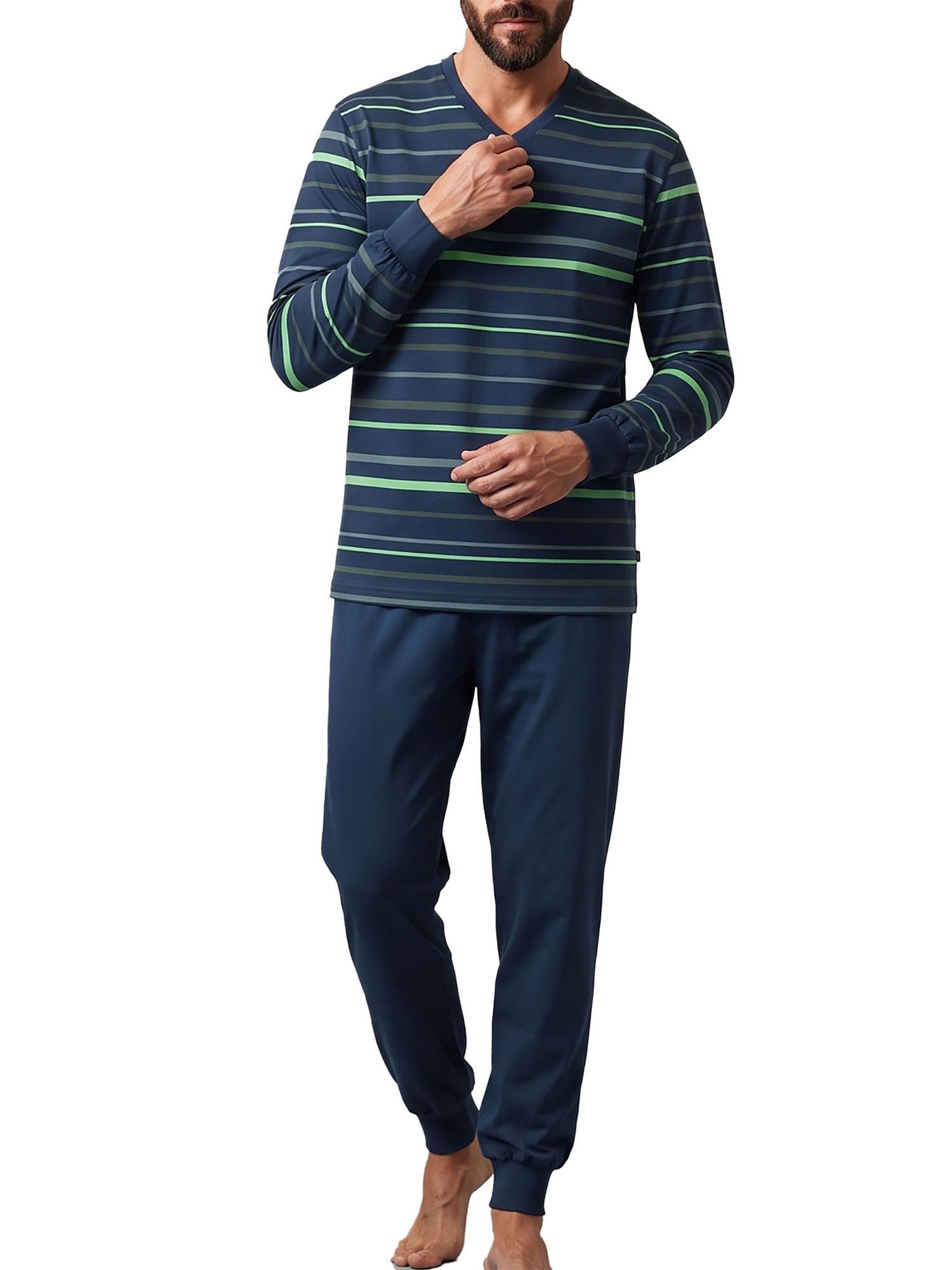 Ammann Pyjama Schlafanzug Lang Nightwear (Packung, 1 tlg) reine Baumwolle, Streifen-Design mit Uni, V-Ausschnitt