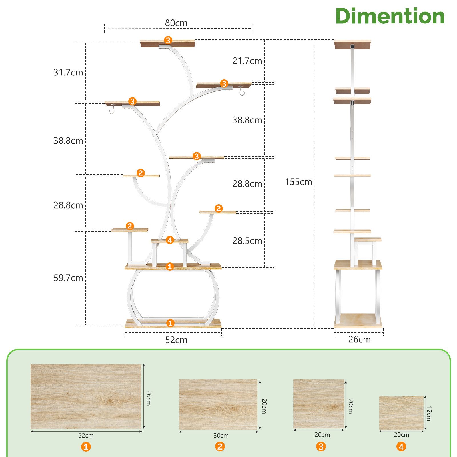 VINGLI Flower Stand Plant Stand with LED Grow Lights, 10-Tier Plant Shelf, Made of Wood and Metal, Stable and Space-Saving, 155*80*26cm