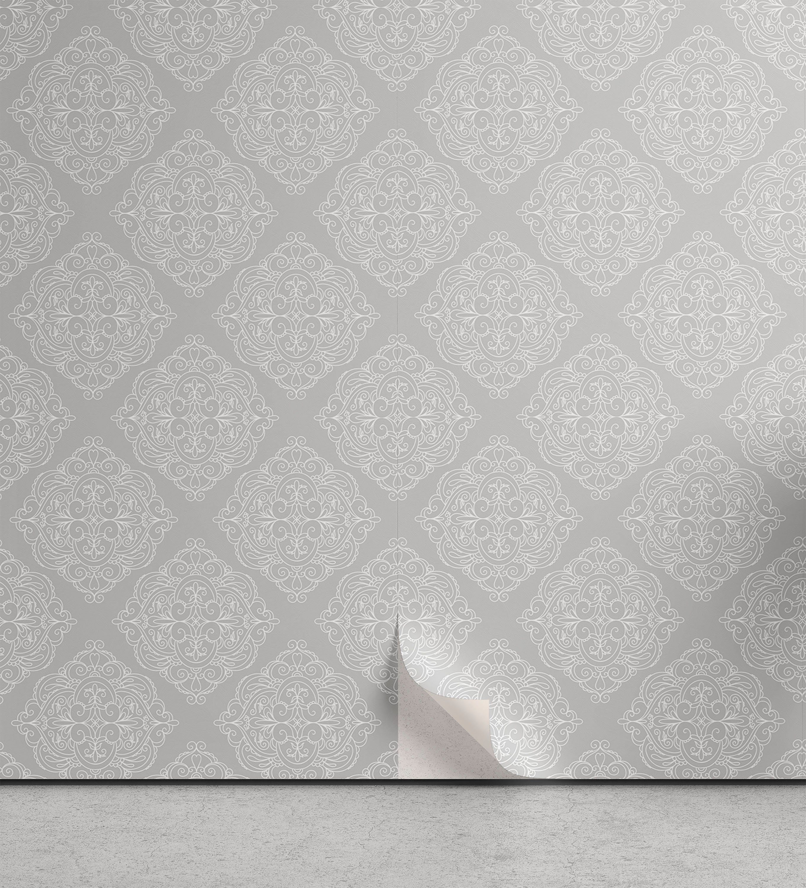 Abakuhaus Vinyltapete selbstklebendes Wohnzimmer Küchenakzent, Blumenverzierung Curlicue Retro Grau