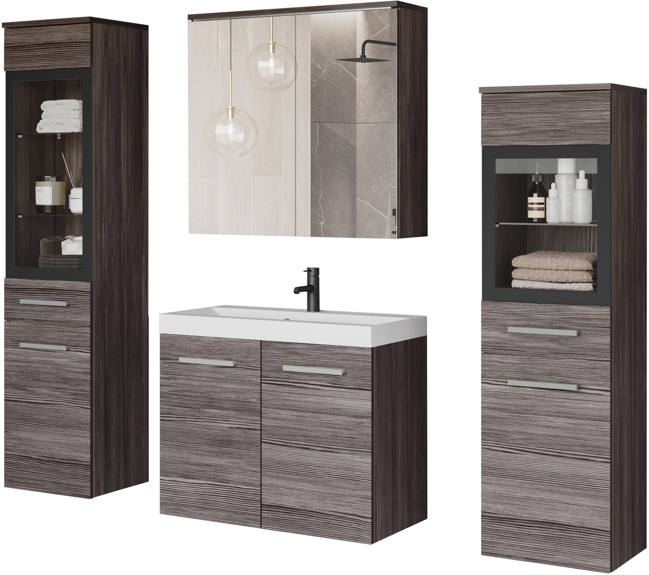 welltime Badmöbel-Set MADRIT II, Schrank mit Waschbecken, 2 Hänger, Spiegel günstig online kaufen