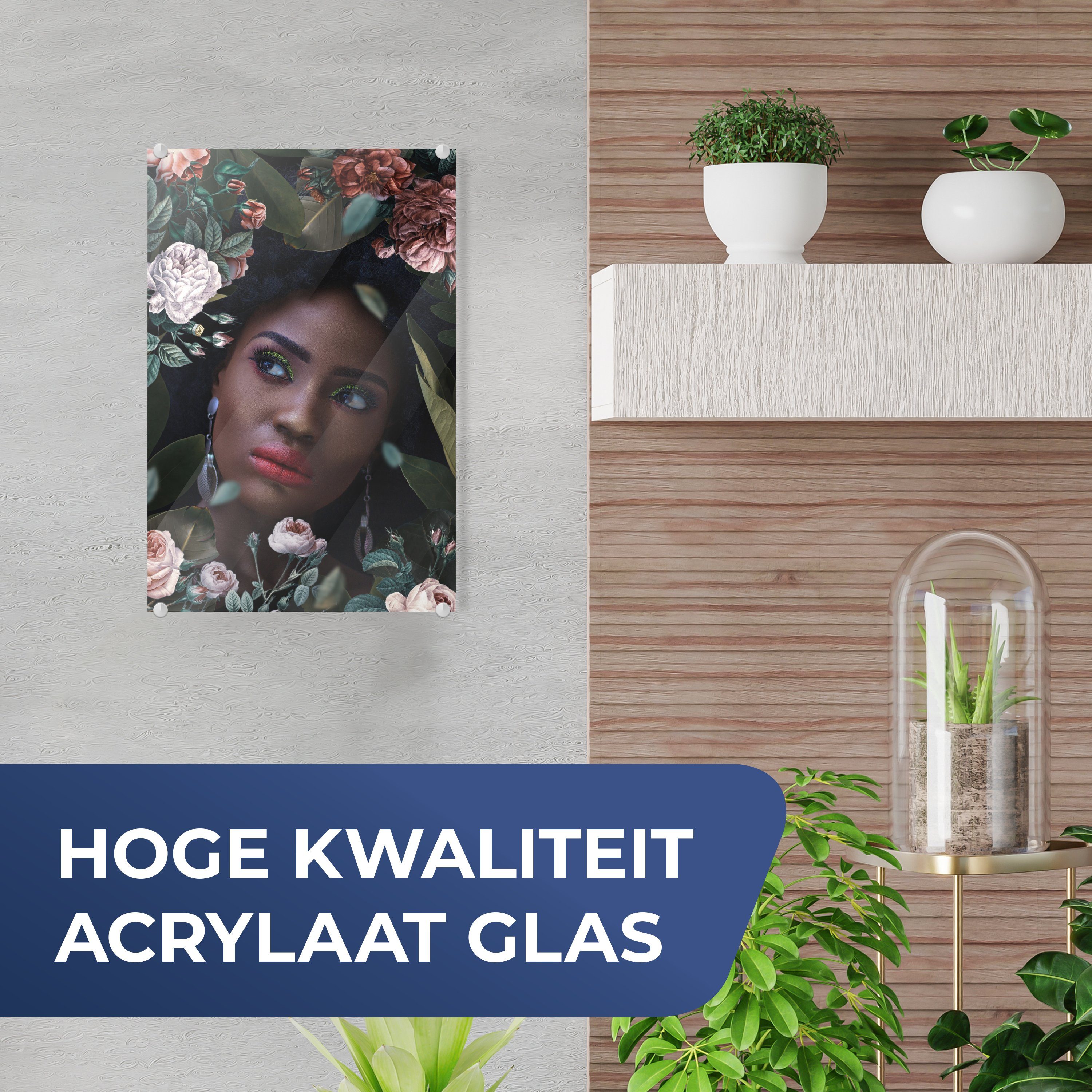 - Wanddekoration Bilder - - - auf Frau auf Acrylglasbild (1 Glas St), Blumen Make-up, MuchoWow Glas - Wandbild Foto Glasbilder