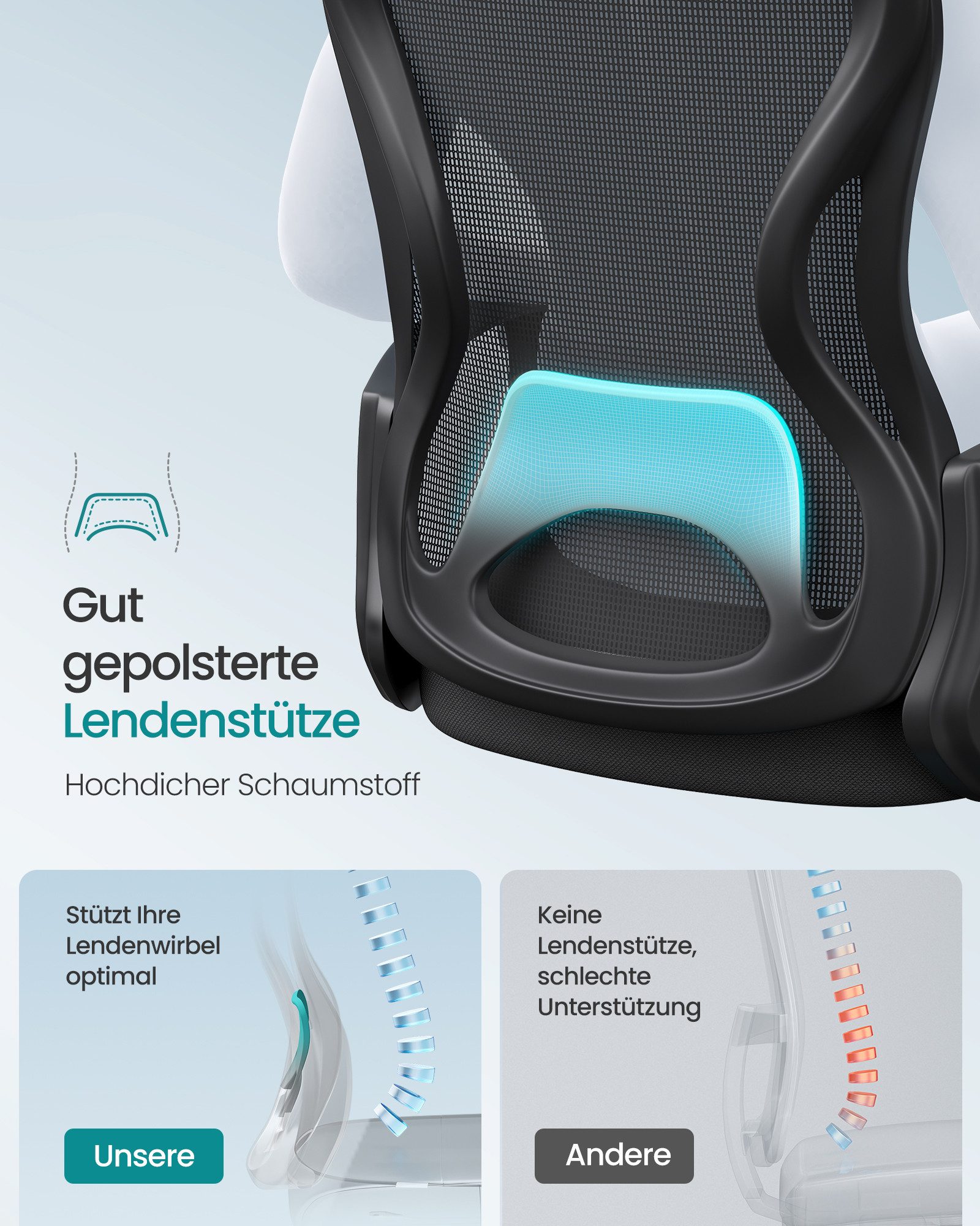 SONGMICS Bürostuhl ergonomisch, Drehstuhl mit Netzgewebe, Schreibtischstuhl mit Lendenstütze