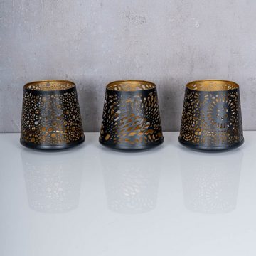 Levandeo® Teelichthalter, 3er Set Windlicht 8x10cm Schwarz Gold Metall Teelichthalter Kerze