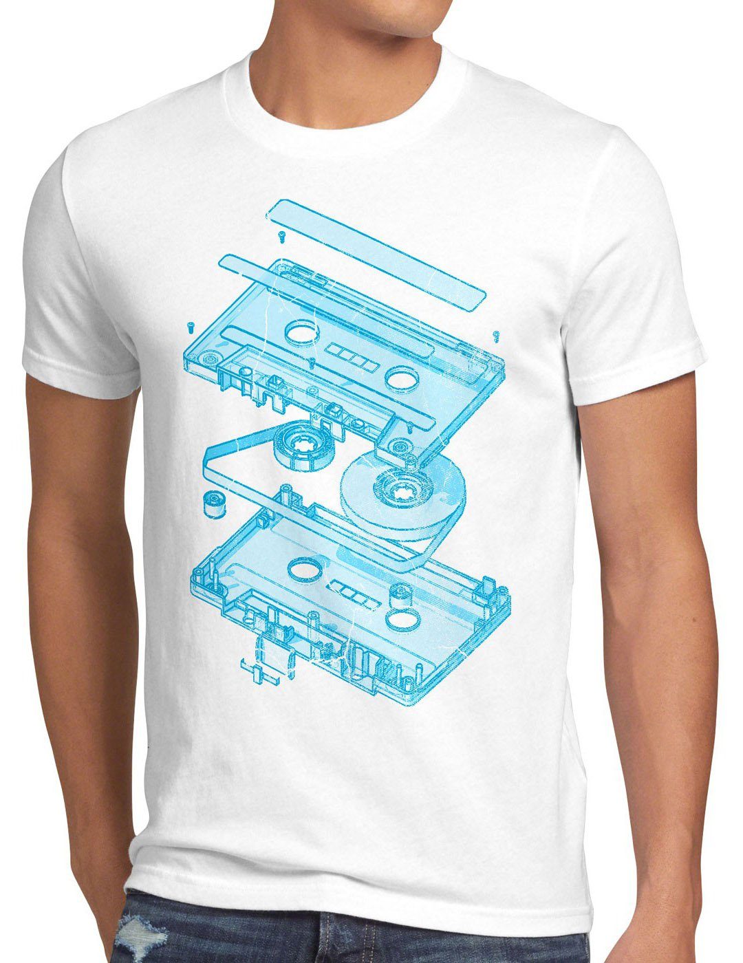 style3 Print-Shirt Herren T-Shirt Tape Kassette mc dj 3D turntable ndw analog disko cd 80er vinyl weiß