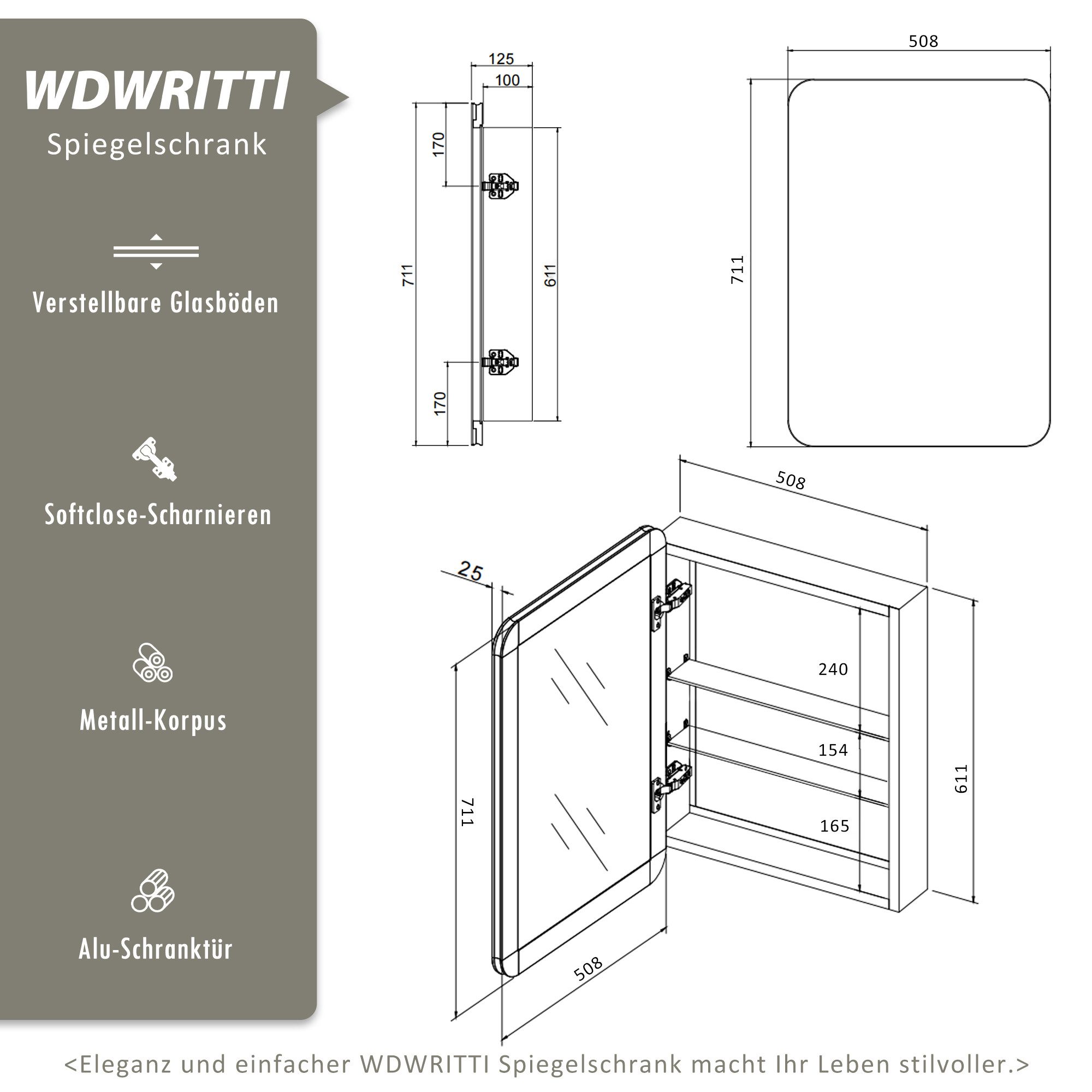 WDWRITTI Spiegelschrank Alu Metall Badezimmerspiegelschrank 1 türig Rechteckig (Badschrank Hängeschrank Schwarz, 50,8 x 12,5 x 71,1 cm) vormontiert geliefert, Wandbohrungen