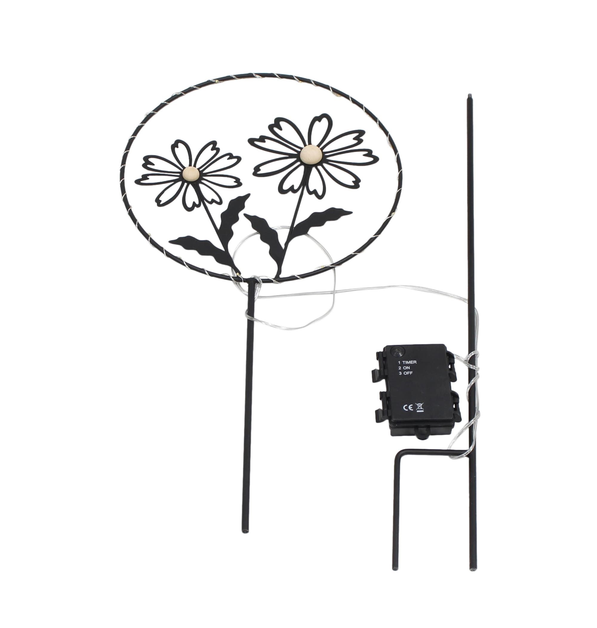 Frank Flechtwaren Gartenstecker "Blumen" Metall schwarz, Blumenstecker mit LED Beleuchtung, Gartendeko für Draußen, wetterfest, 100 cm hoch