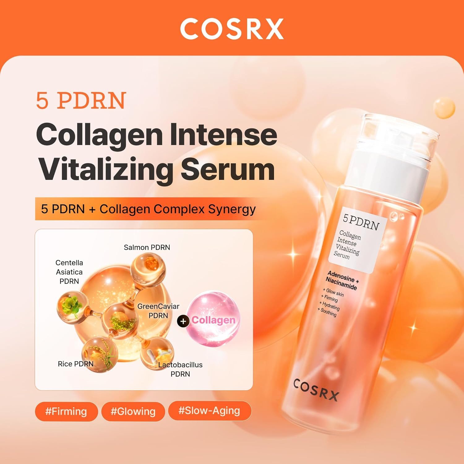 Cosrx Gesichtsserum 5 PDRN Collagen Intense Vitalizing Serum 100ml – straffendes Glow Serum mit Kollagen, Niacinamid & 8-fach Hyaluron – für Elastizität, Feuchtigkeit & ebenmäßige Haut – Korean Skincare