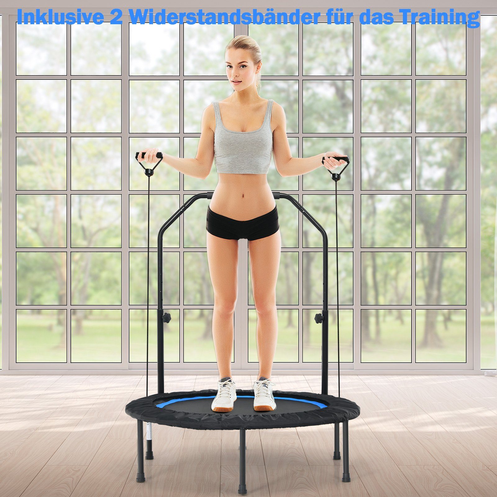 COSTWAY Fitnesstrampolin Ø101cm, höhenverstellbarer Haltegriff & 2 Widerstandsbändern