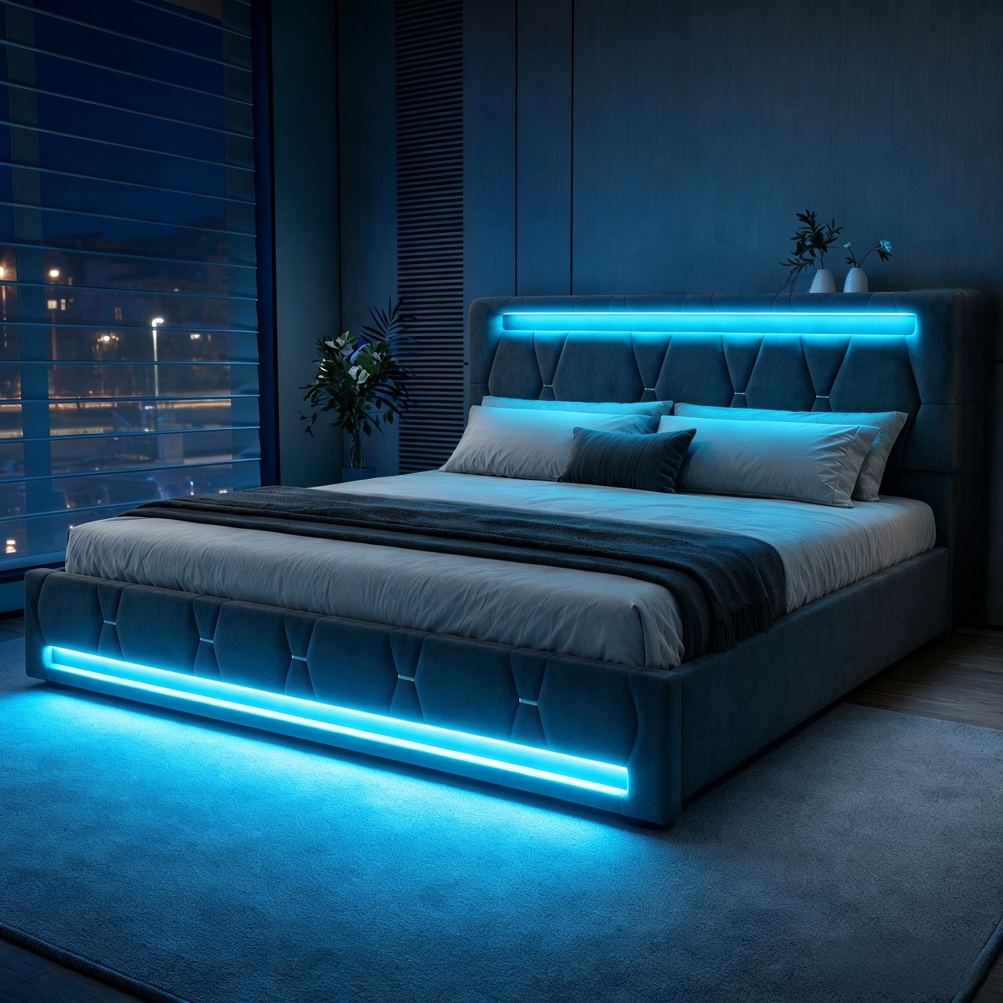 Furnishings Home Polsterbett LED Doppelbett Stauraumbett mit Kopfteil und 4 Schubladen (Leinenmaterial Polsterbett mit RGB Beleuchtung), mit Lattenrost, mit Komforthöhe, Leises Design Bett