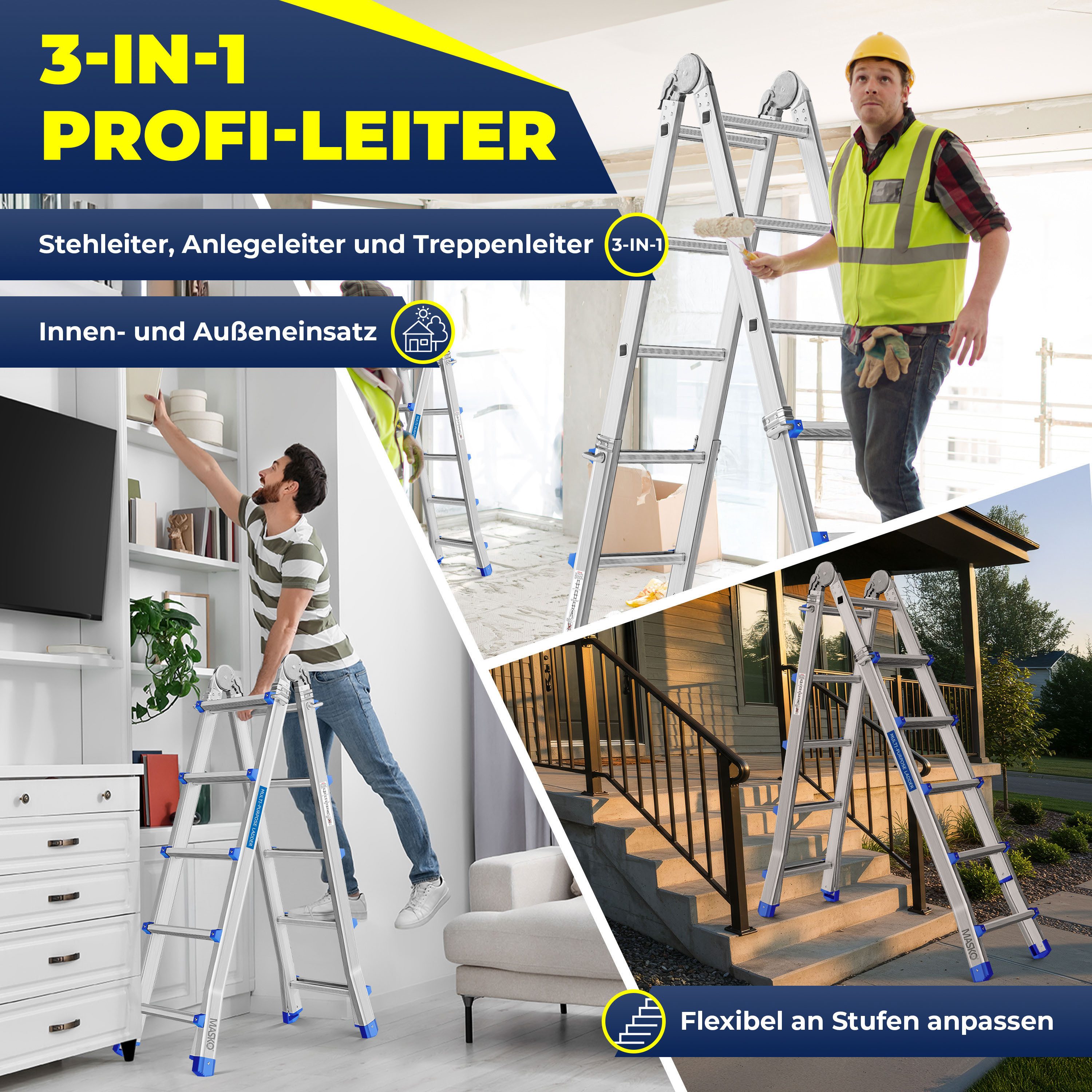 MASKO Vielzweckleiter Aluminium 6in1 Mehrzweckleiter – 20 Sprossen - 520 cm 150 Kg, (ausziehbar, Rutschfest, Multifunktional, Gelenkleiter, Anlegeleiter), Klappleiter, beidseitige Steh- und Treppenleiter Silber