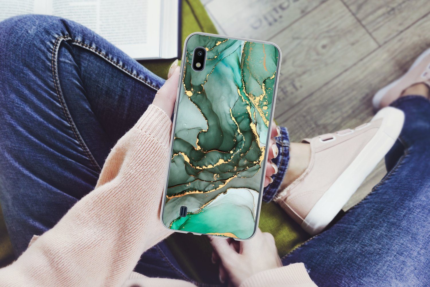 MuchoWow Handyhülle für Samsung Galaxy A10 Gold - Marmor - Grün - Luxus - Marmoroptik - Gr, Smartphone-Bumper, Print, Handy Schutzhülle Dünn