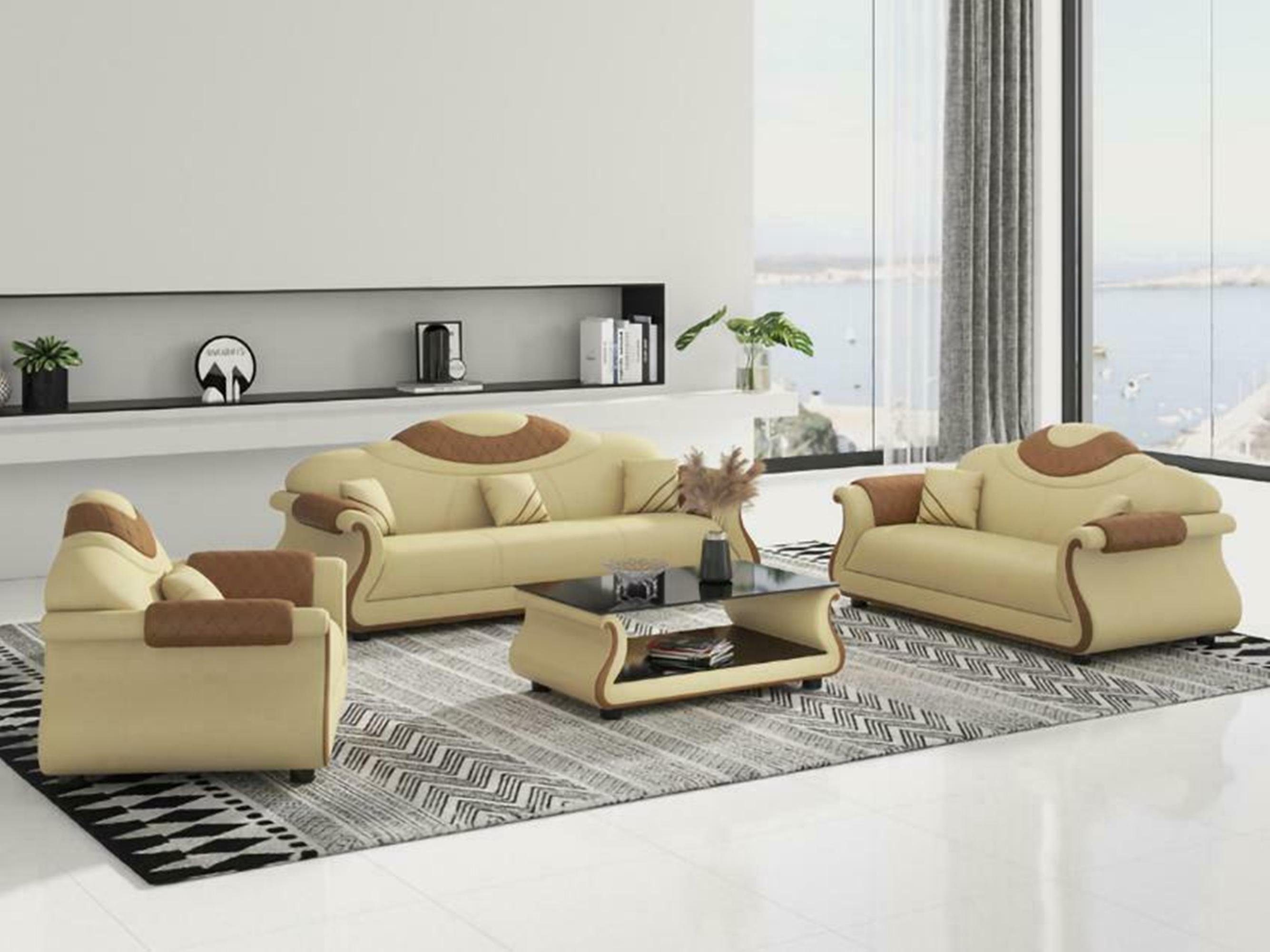 Wohnzimmer-Set Sofa 3+2+1 Sitzer Beige/Braun Couchtisch Luxus neu Möbel Holz Couch Polster + JVmoebel