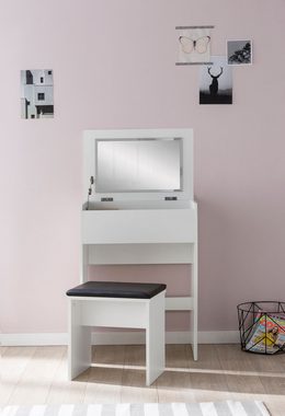 Wohnling Schminktisch WL5.730 (60x81x40 cm Weiß Konsolentisch Spanplatte Modern), Kosmetiktisch mit Hocker und Spiegel, Frisiertisch