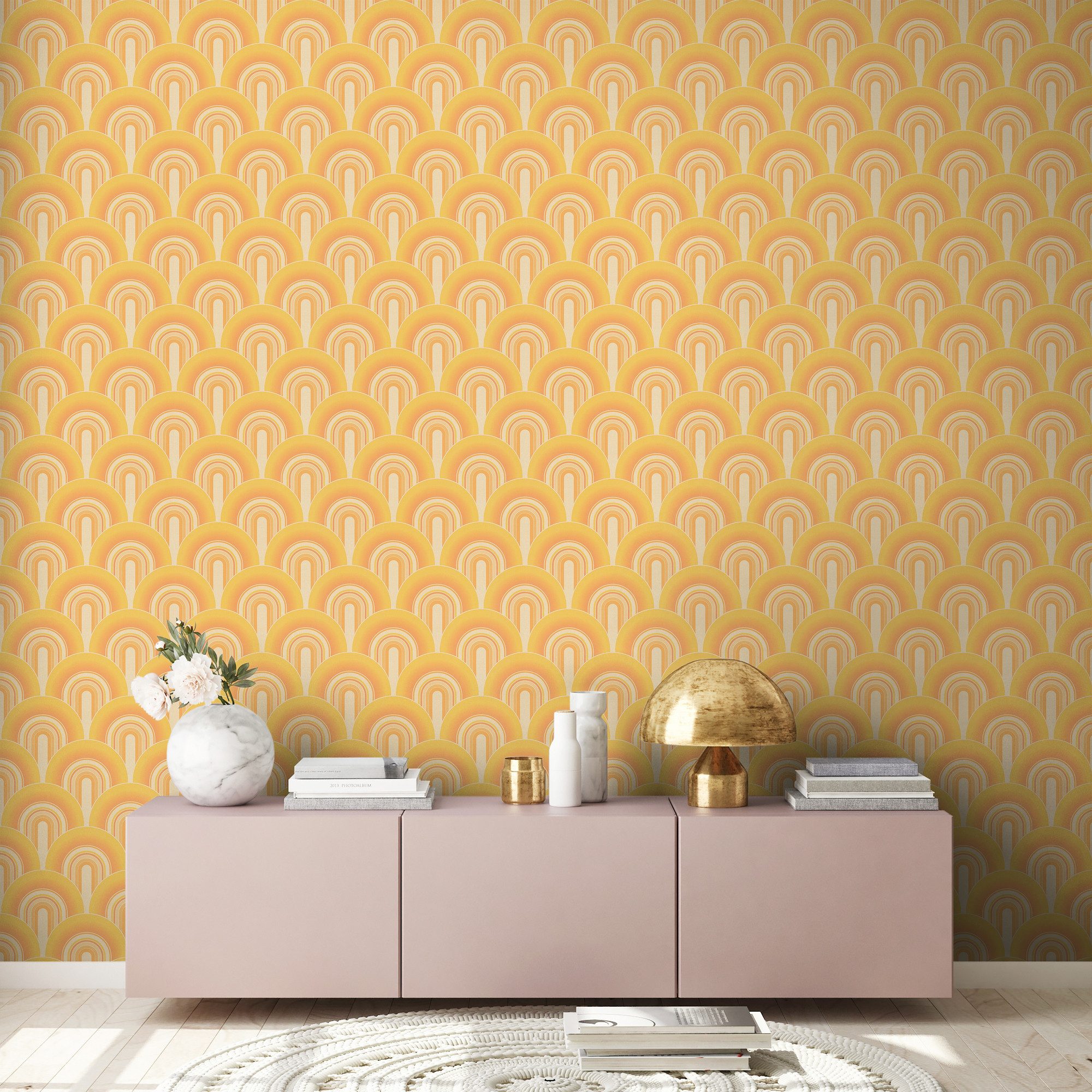 A.S. Création Vliestapete Retro-Grafik, leicht strukturiert, Retro, Vliestapete Retro Art-Déco 3D-Grafik, Creme, Gelb und Orange