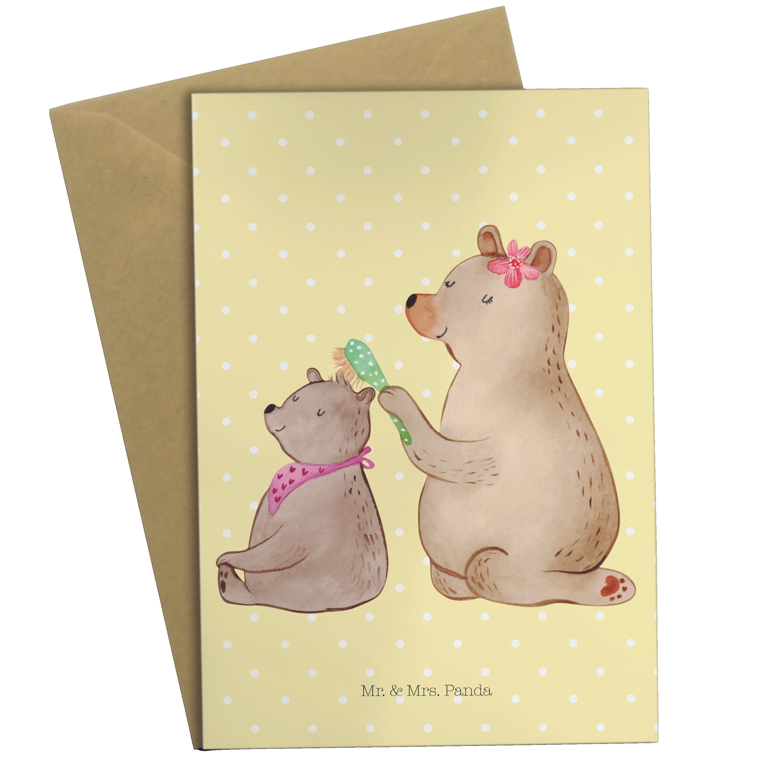Mr. & Mrs. Panda Grußkarte Bär mit Kind - Gelb Pastell - Geschenk, beste Mama, Geburtstagskarte