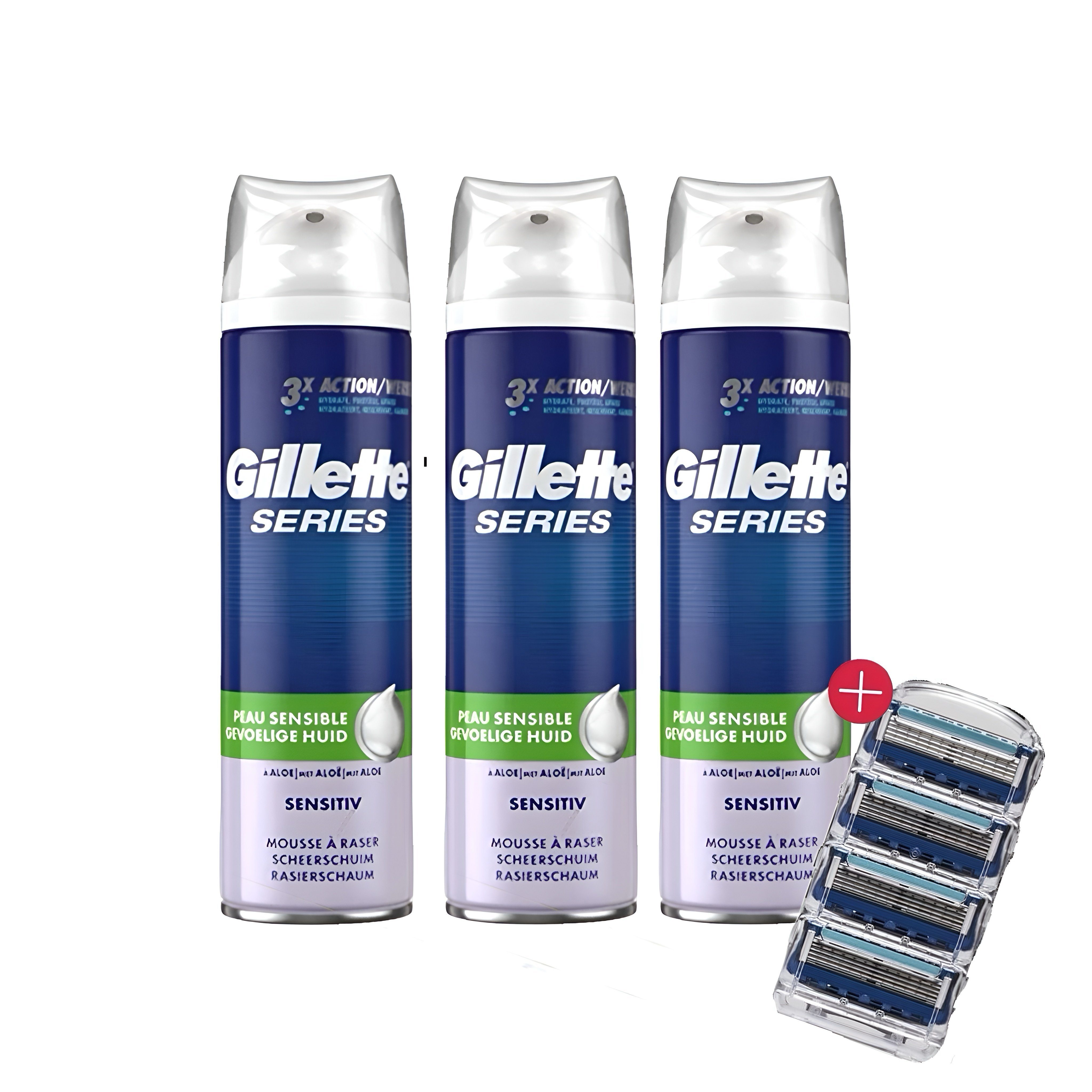 Gillette Rasierschaum 3 tlg Gillette ProGlide Power 4 Rasierklingen Fusion 5 Proglide Mach3, 7, 7-tlg., Präzisionstrimmer für Männer, Aloe-Formel Schutz Feuchtigkeitsspendend Empfindliche Haut