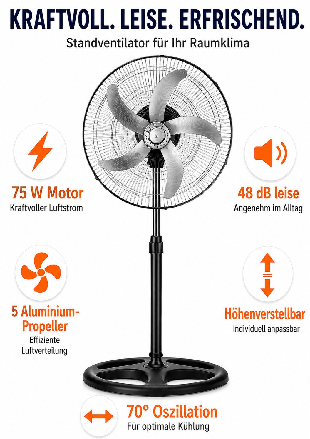 Ertex Standventilator Standventilator 75W Ventilator Ø46cm, höhe bis 130 cm STARK