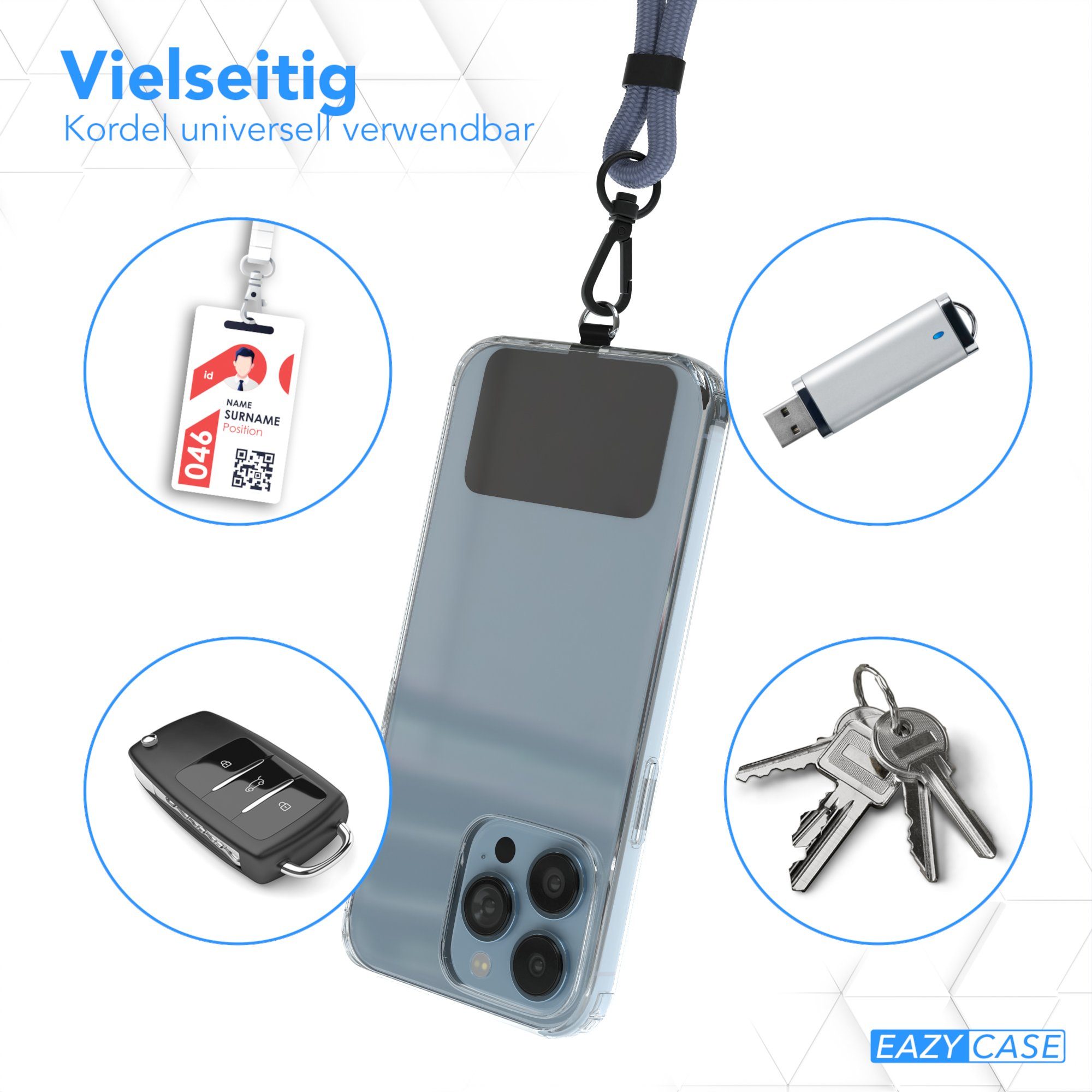 EAZY CASE Handykette Umhängeband Clips Schwarz mit extra Handband, Handy Kordel für Handyhülle Universal passend + Karabiner Blau Schwarz – Bild 3 von 5