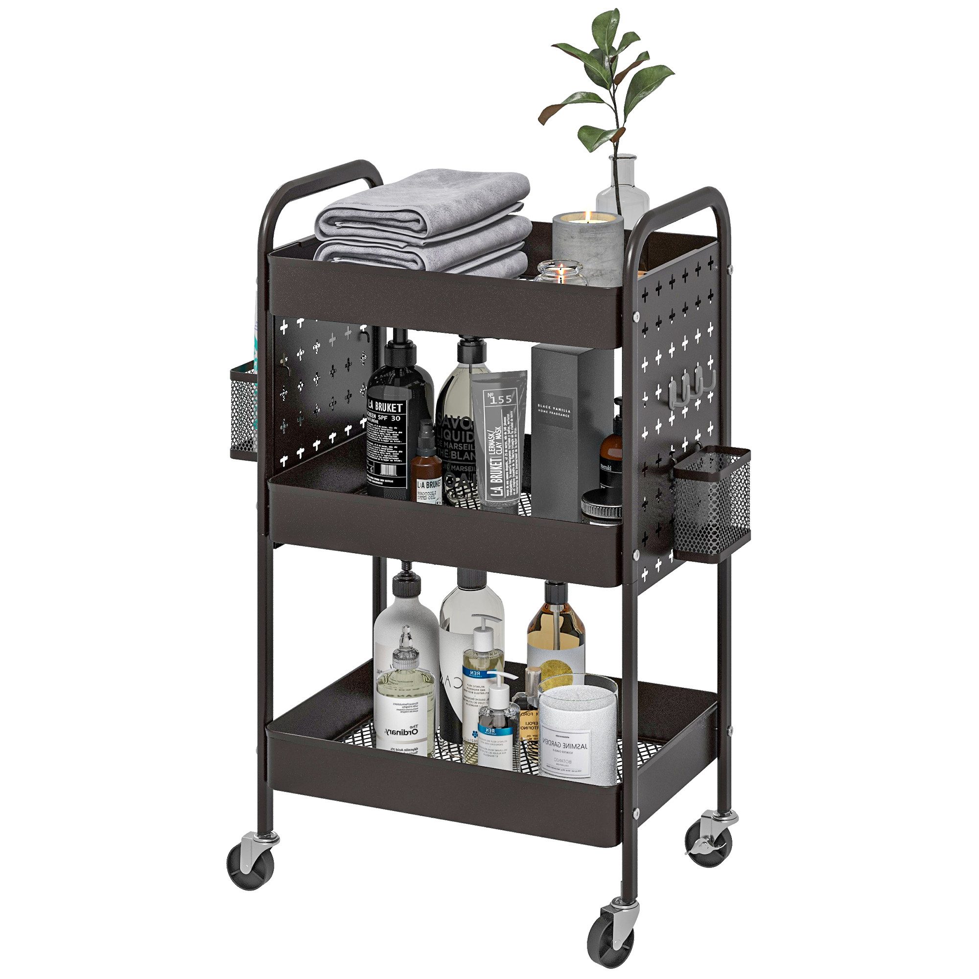 BlingBin Servierwagen Aufbewahrungswagen, Rollwagen, Küchenwagen mit 3 Etagen, 2 Hängekörbe, (Aufbewahrungswagen mit Griff, 1 St., Mehrzweckwagen 53,5 cm x 30,5 cm x 75 cm), mit DIY-Stecktafeln, Körben und Haken für Küche, Bad, Büro,mit Bremsen