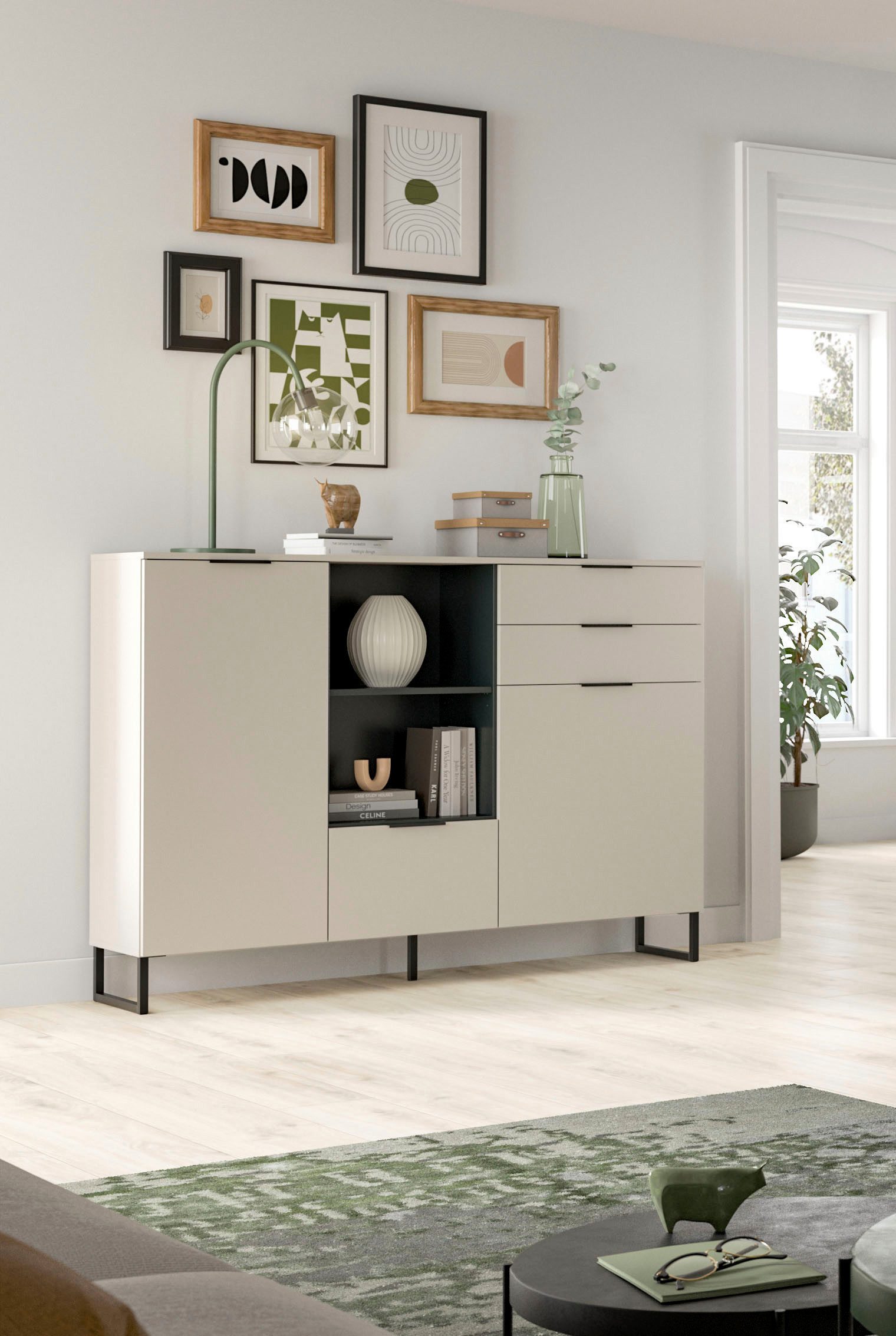 Home affaire Highboard ADIO, Breite 150cm, 2 Türen, 1 Klappe, 2 Schubkästen, mit Metall-Kufen (1 St), Sideboard, Kommode, Lowboard, Schrank, Wohnzimmerschrank, Anrichte