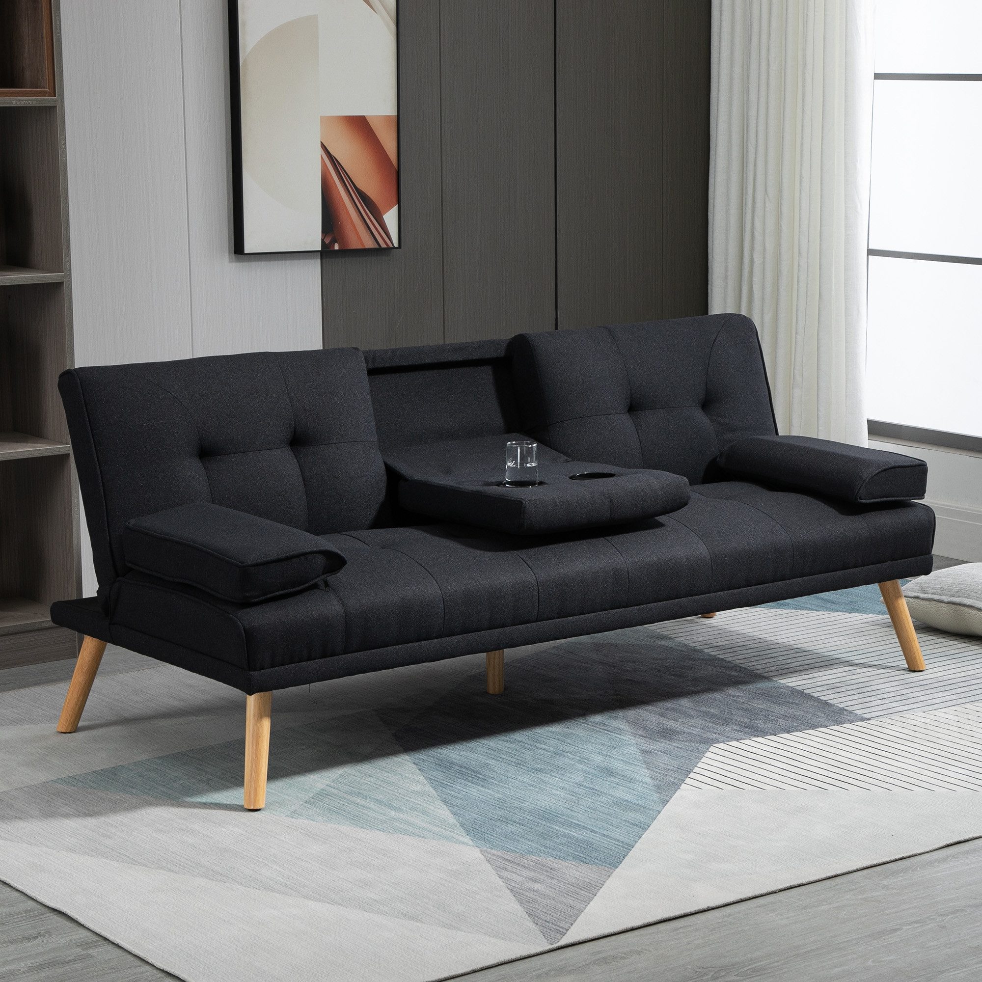 HOMCOM Schlafsofa mit Klappbarem Tisch, Becherhalter, Bettsofa 1 Teile, bis 250 kg Belastbar, für Wohzimmer, Grau