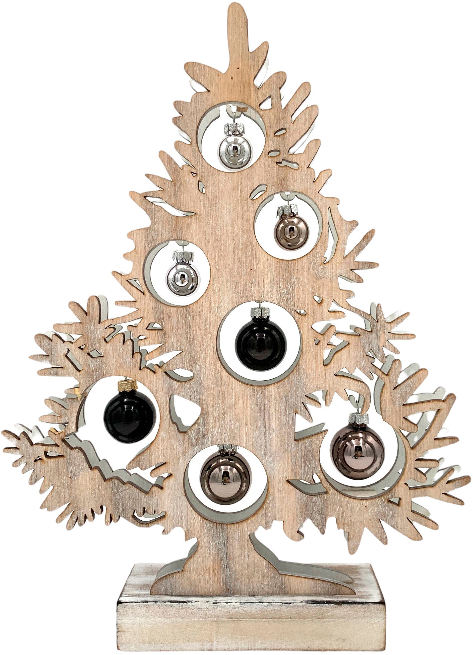 Holz, aus LED Weihnachtsdeko, mit Höhe LED 34 Warmweiß, Weihnachtskugeln Dekotanne ca. Baum integriert, cm fest Timerfunktion, verziert,