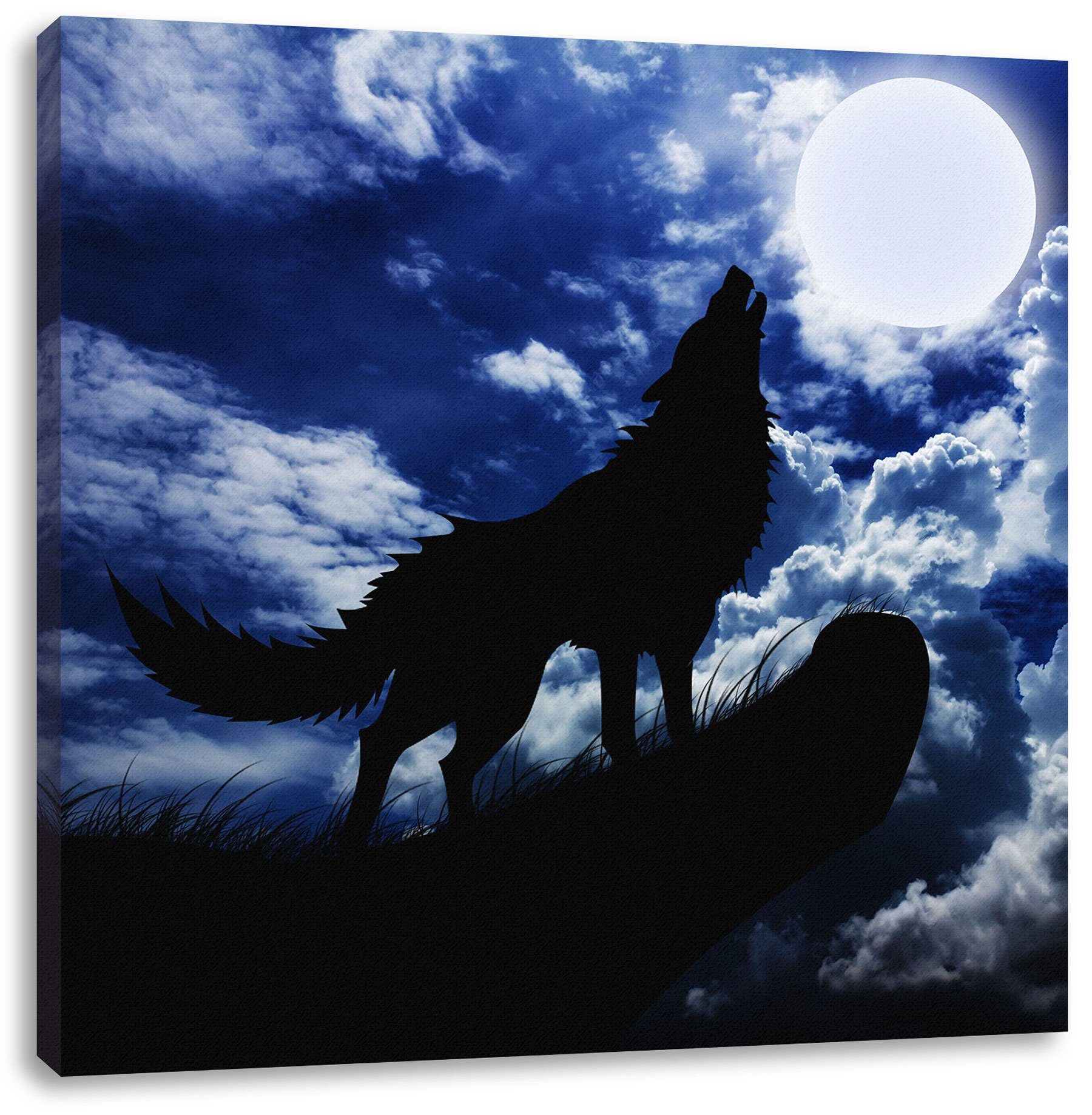 Pixxprint Leinwandbild Wolf im Mondschein, Wolf bespannt, fertig Leinwandbild (1 Mondschein im Zackenaufhänger inkl. St)