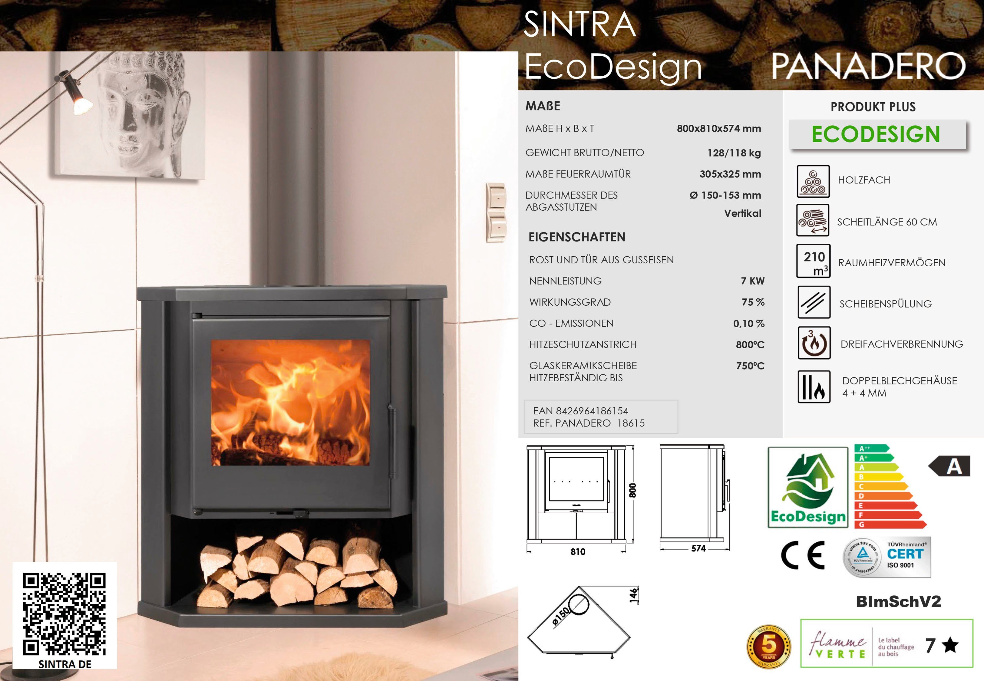 Panadero Kaminofen Kaminofen Sintra Ecodesign, 7 kW, Zeitbrand