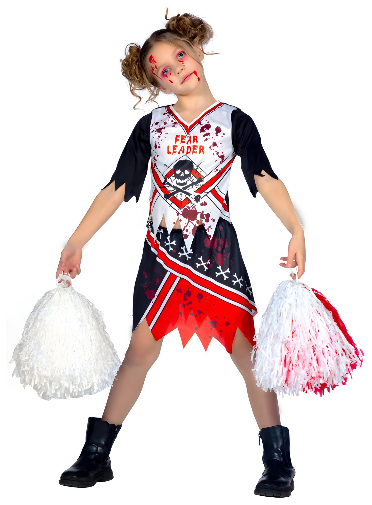 Metamorph Zombie-Kostüm Fearleader Cheerleaderin Kostüm für Mädchen, Gruseliges Cheerleader-Outfit mit Fetzenoptik für furchtlose Mädchen