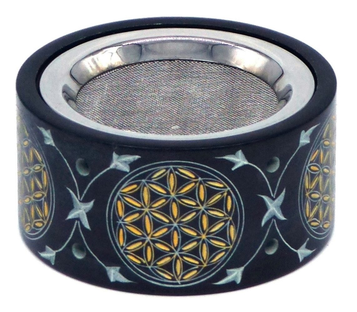 Saraswati Räucherstäbchen-Halter Räuchergefäß "Blume des Lebens" gold, Black Stone Ø10cm (8,5cm innen)