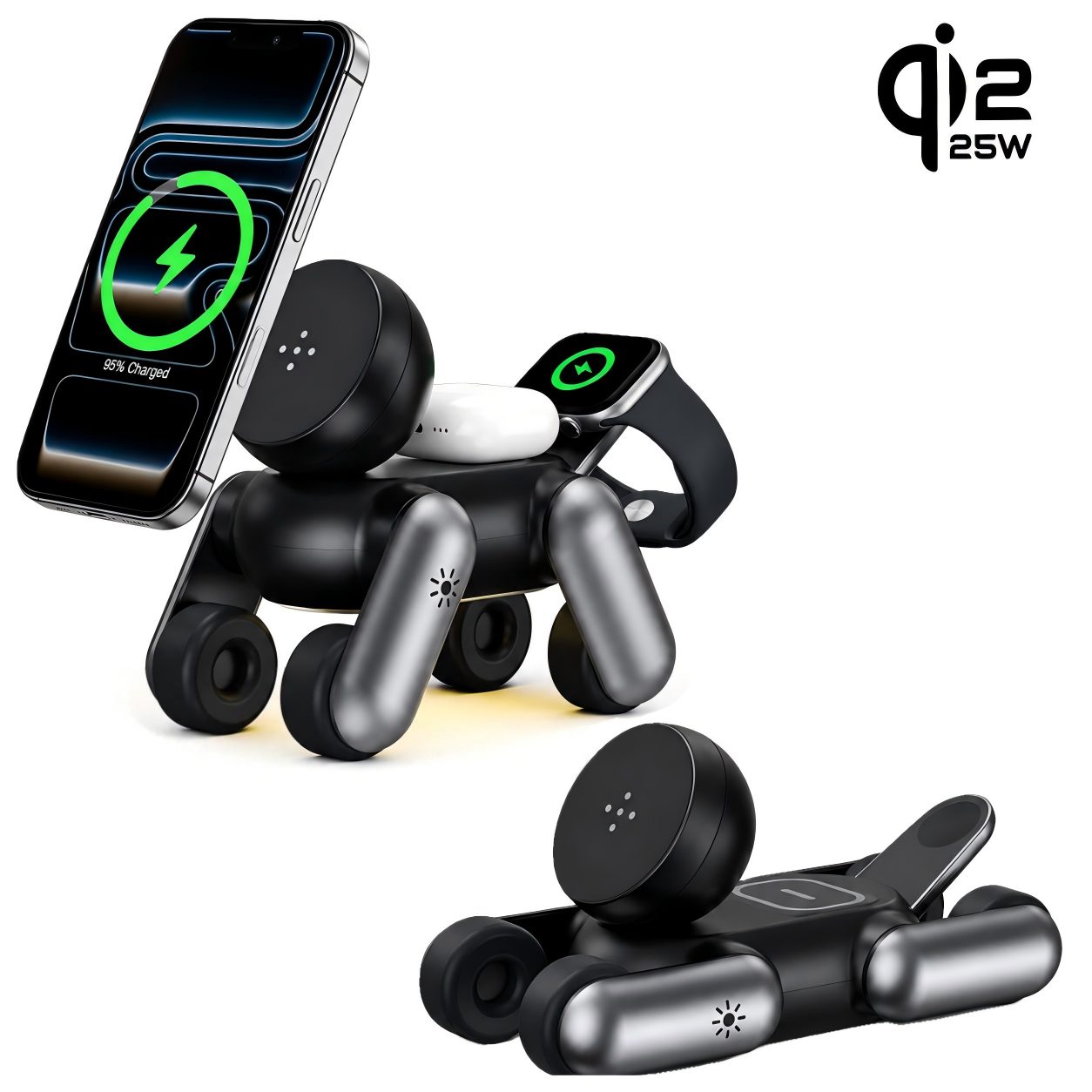 ibettertec 2026 25W Ladestation 4 in 1 MagSafe Ladegerät mit LED-Nachtlicht Induktions-Ladegerät (Wireless Charger Statio für iPhone 17–12 Serie,Apple Watch, AirPods, faltbare wireless charger, magnetisch, Qi 2.2 25W)