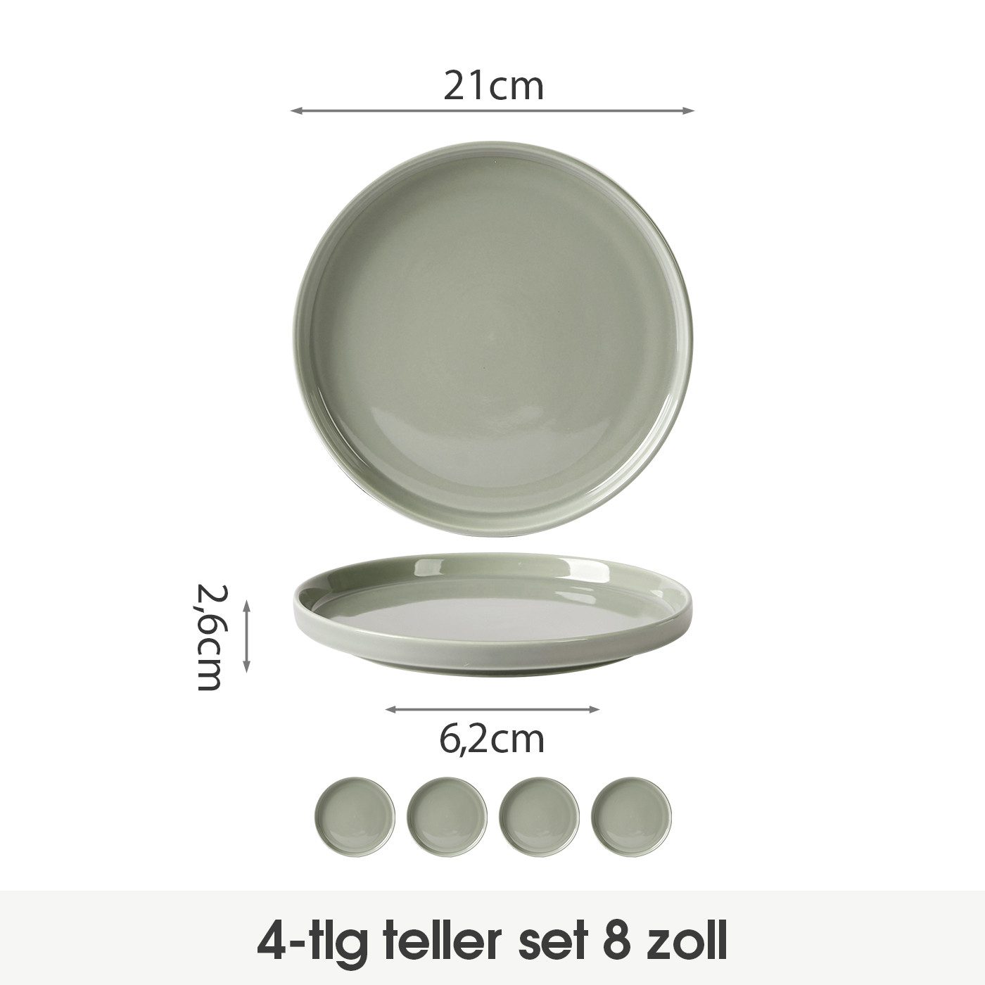 JIWOO Teller 4er Ø21cm,Frühstücksteller Steakteller Pastateller Brotteller Plate, (4 St), Keramik Hochwertiges Tellerset Grau Mikrowellen spülmaschinenfest