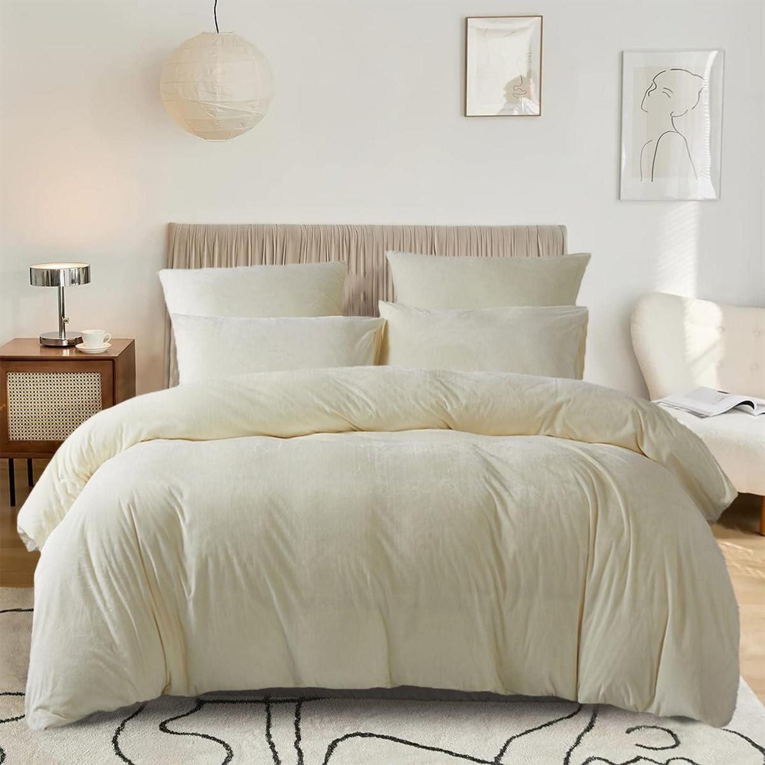 LuxusKollektion Bettwäsche Fleece Bettwäsche 220x240cm Beige Creme Kuschelig, 3 teilig