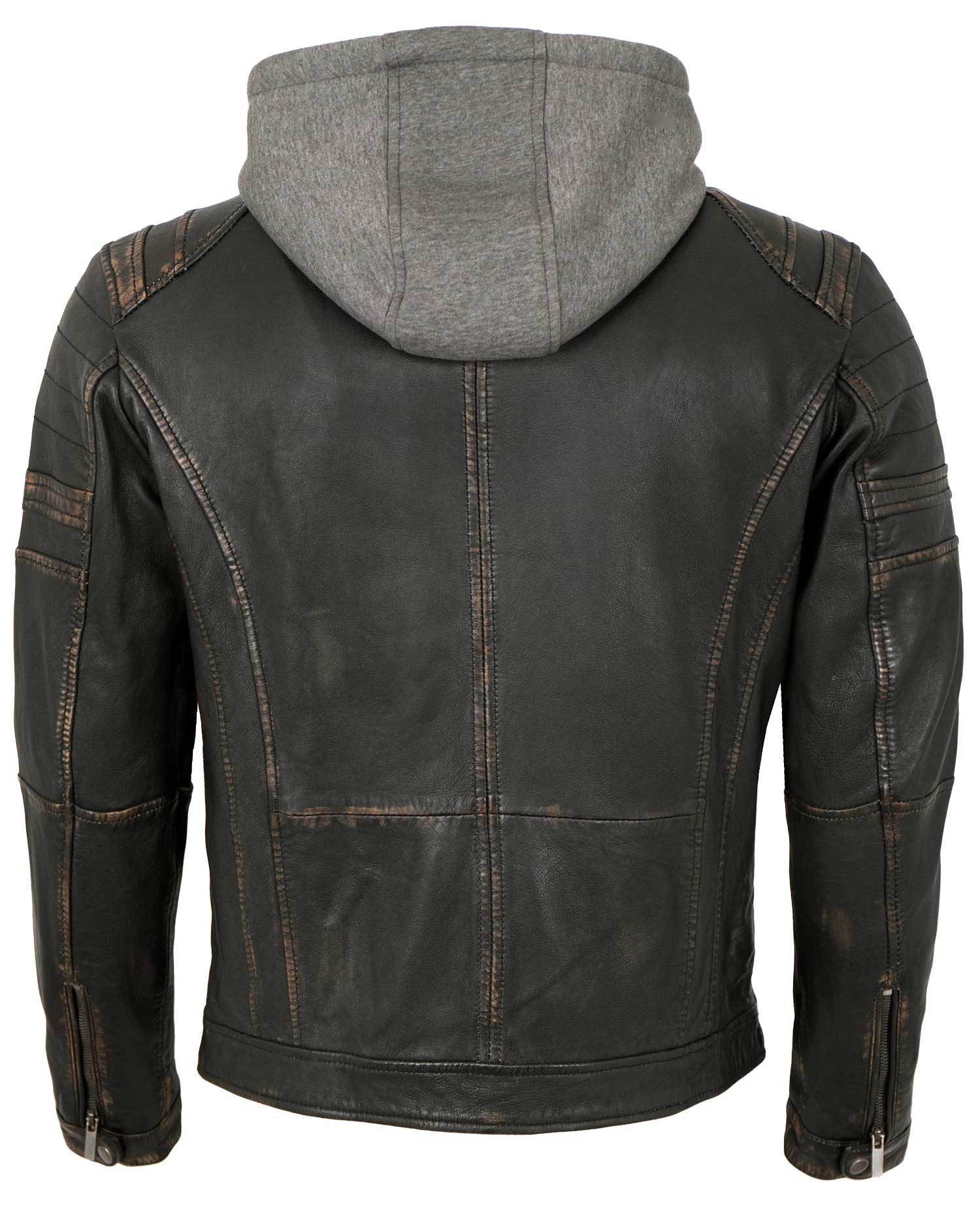 Lederjacken24 Lederjacke Zenon-1 Herren Lederjacke Lammnappa Bikerjacke Kapuze schwarz-beige
