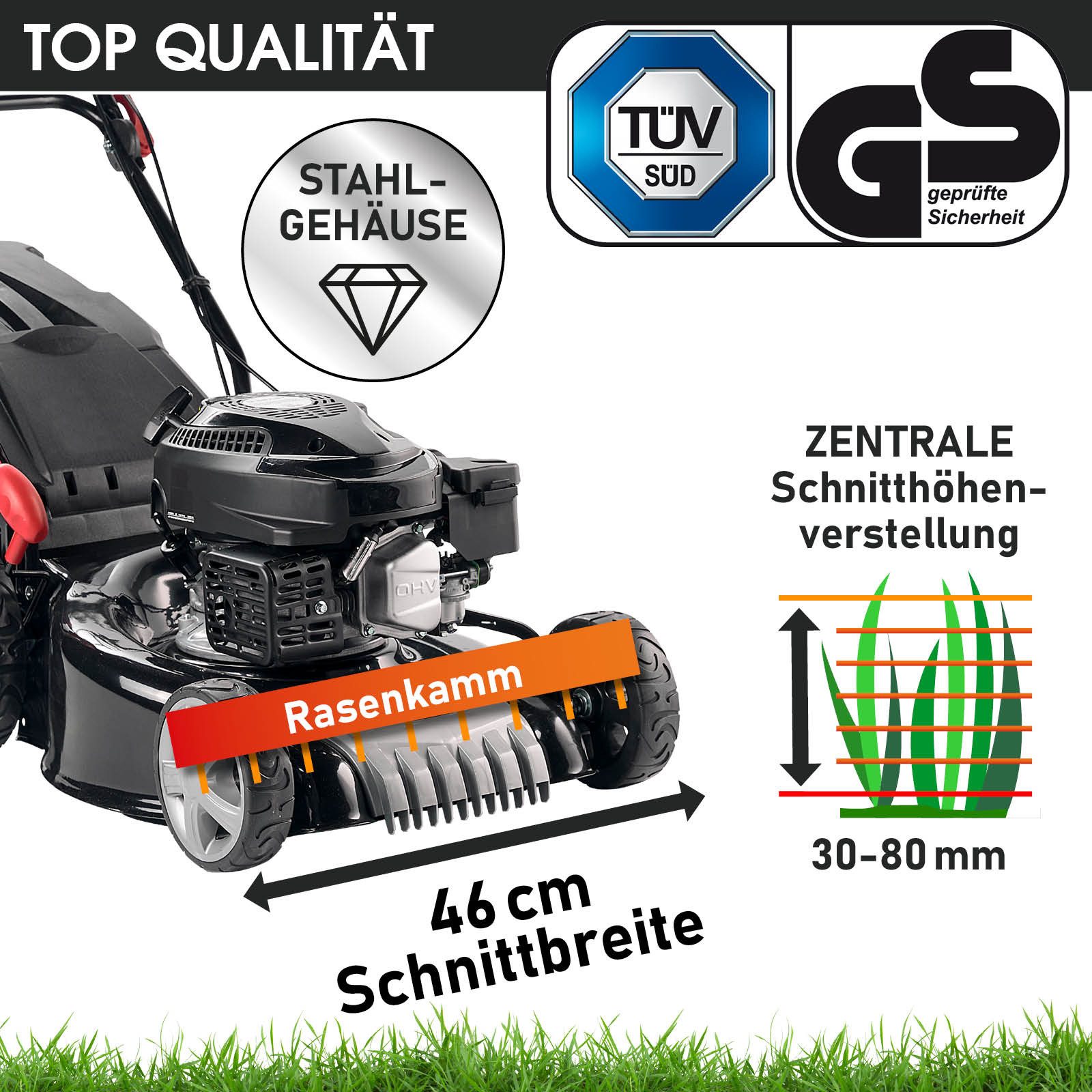 BRAST Benzinrasenmäher 3,5kW(4,76PS), TÜV geprüft, 4 Takt OHV Motor, Stahlgehäuse, 46 cm Schnittbreite, 3in1: Mähen, Mulchen und Sammeln