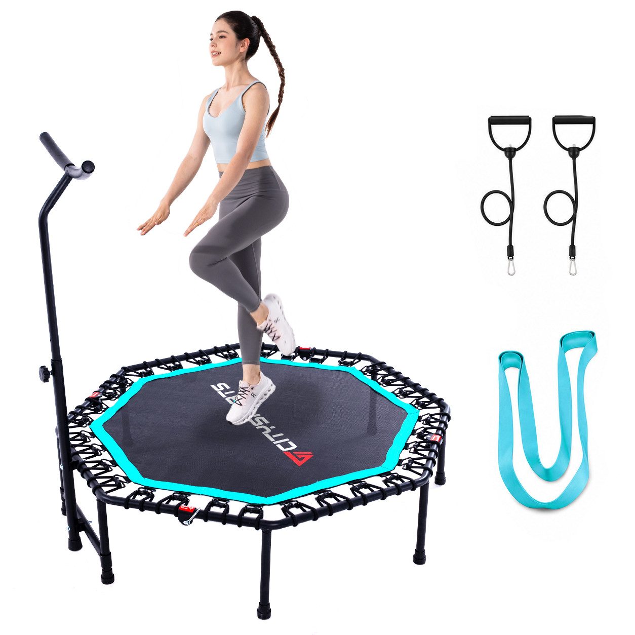 CITYSPORTS Fitnesstrampolin Mini-Trampolin mit Haltegriff 3-fach höhenverstellbar, Ø130cm, 8-Eck, 130 cm Rahmendiagonale, faltbar, bis 100 kg