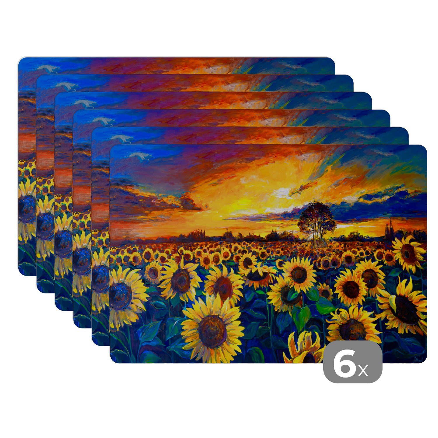 Platzset, Malerei - Blumen - Ölfarbe - Sonnenblume, MuchoWow, (6-St), Platzset, Platzdecken, Platzmatte, Tischmatten, Schmutzabweisend