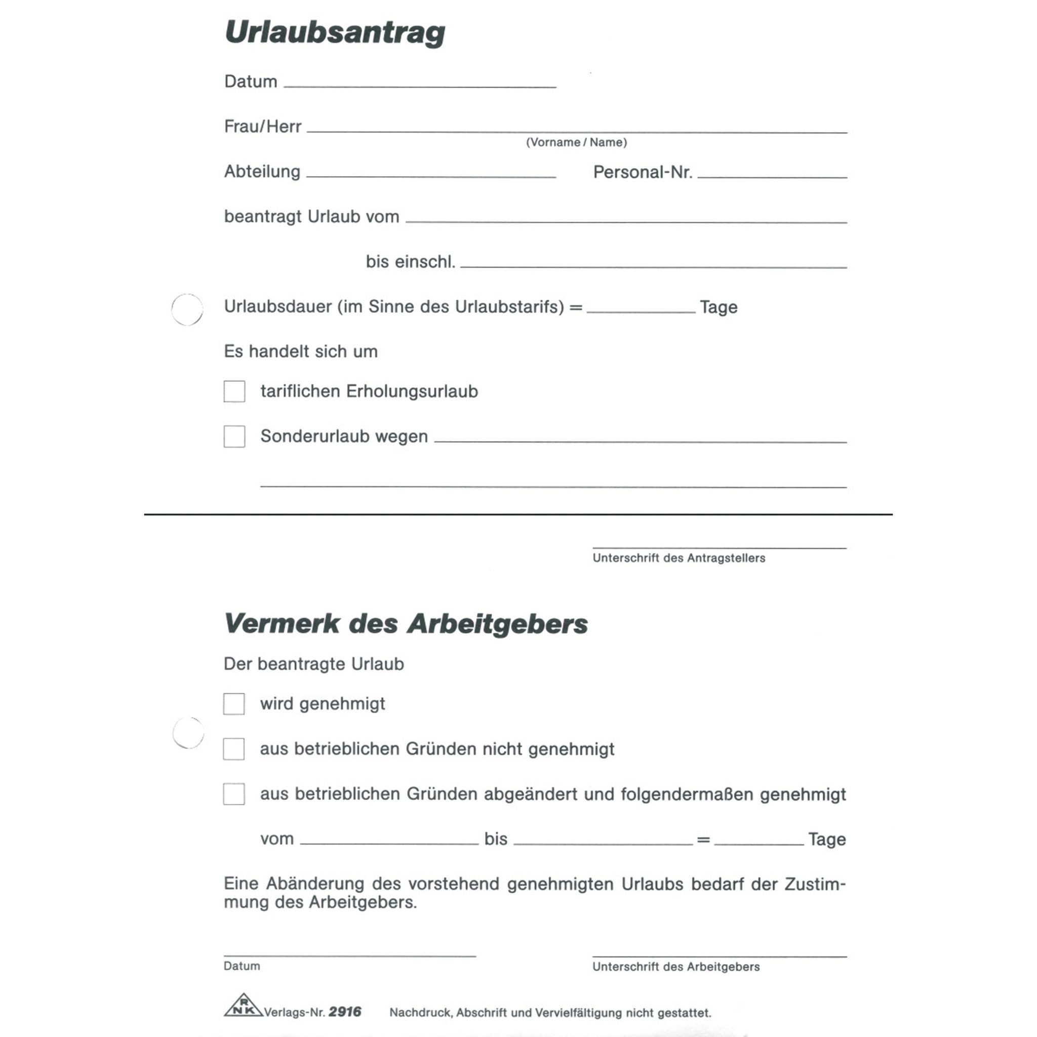 RNK Verlag Formularblock RNK Urlaubsantrag DIN A5 SD Block 2x40Bl