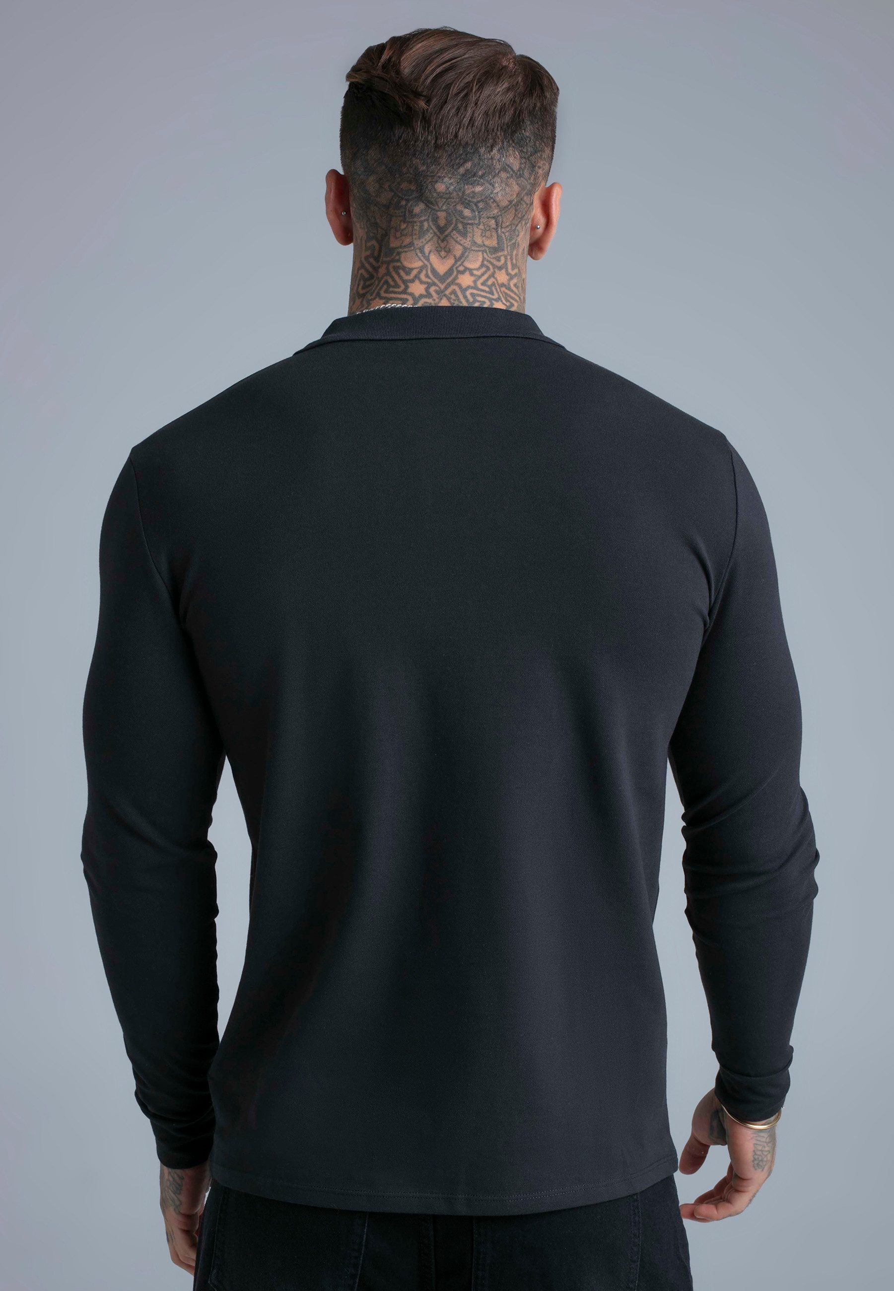 Siksilk T-Shirt SikSilk Herren Schwarzes Langarm Button-Polo – Bild 4 von 4