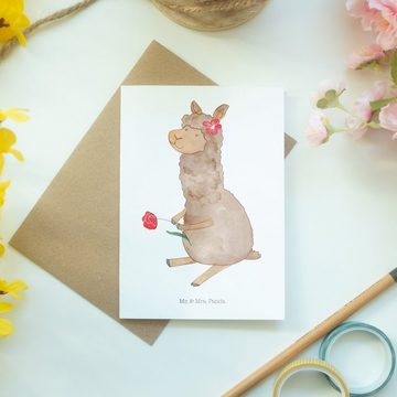 Mr. & Mrs. Panda Grußkarte Alpaka Blume - Weiß - Geschenk, Lamas, Klappkarte, Motiv Alpaka, Gruß, Einzigartige Motive