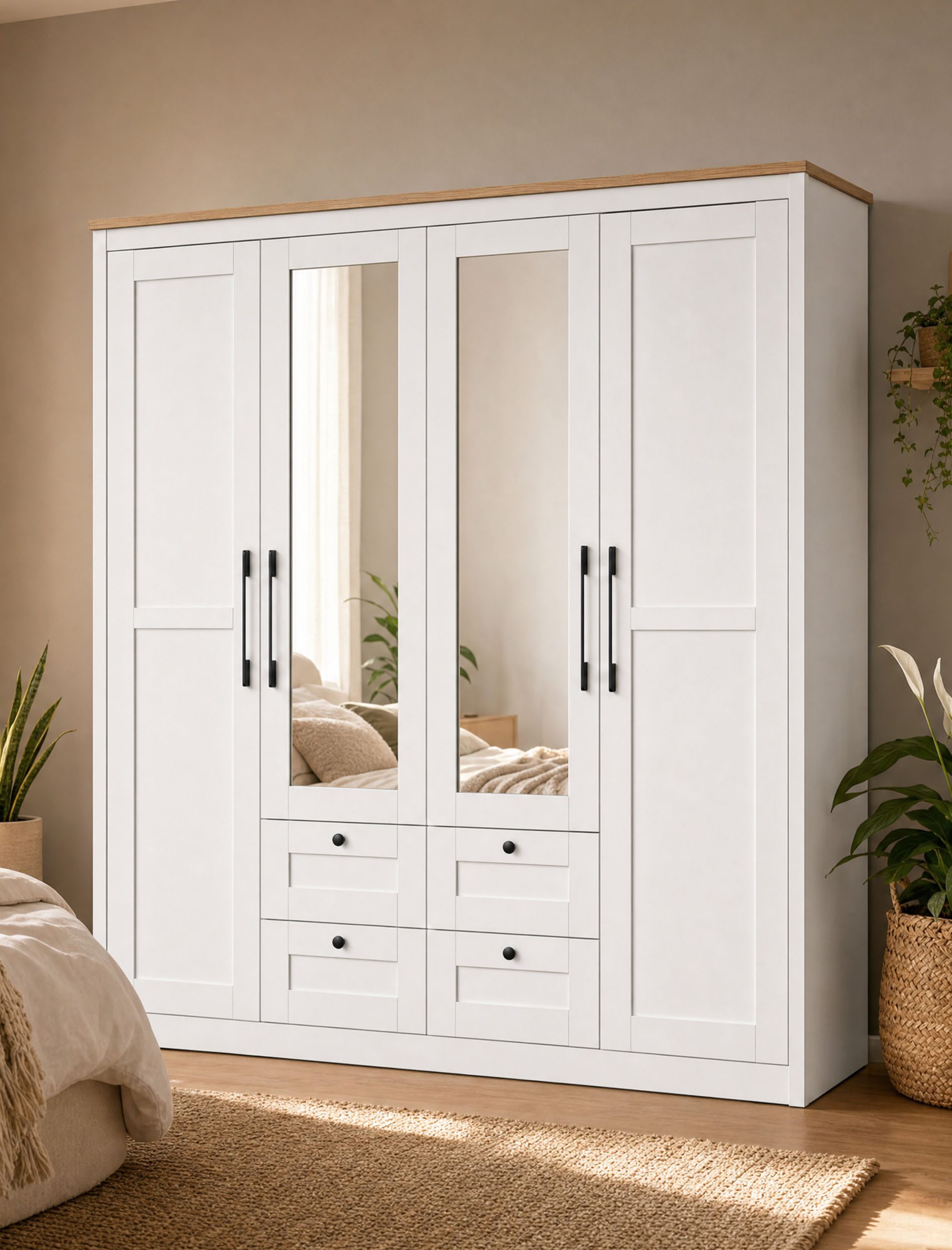 OTTO home Kleiderschrank Büsum Schlafzimmer Schrank mit 4 Türen und Spiegel (stabile robuste Bauweise mit optimaler Aufteilung - Breite 2m) Schlafzimmerschrank Landhaus Design Garderobe Schrank Bestseller